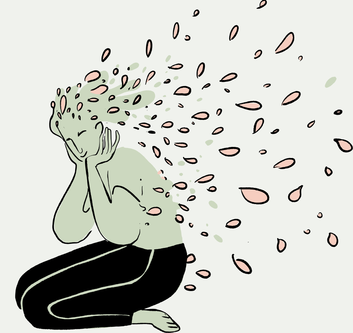 An illustrated woman sitting cross-legged with her eyes closed and hands on her face, surrounded by flying petals or leaves.