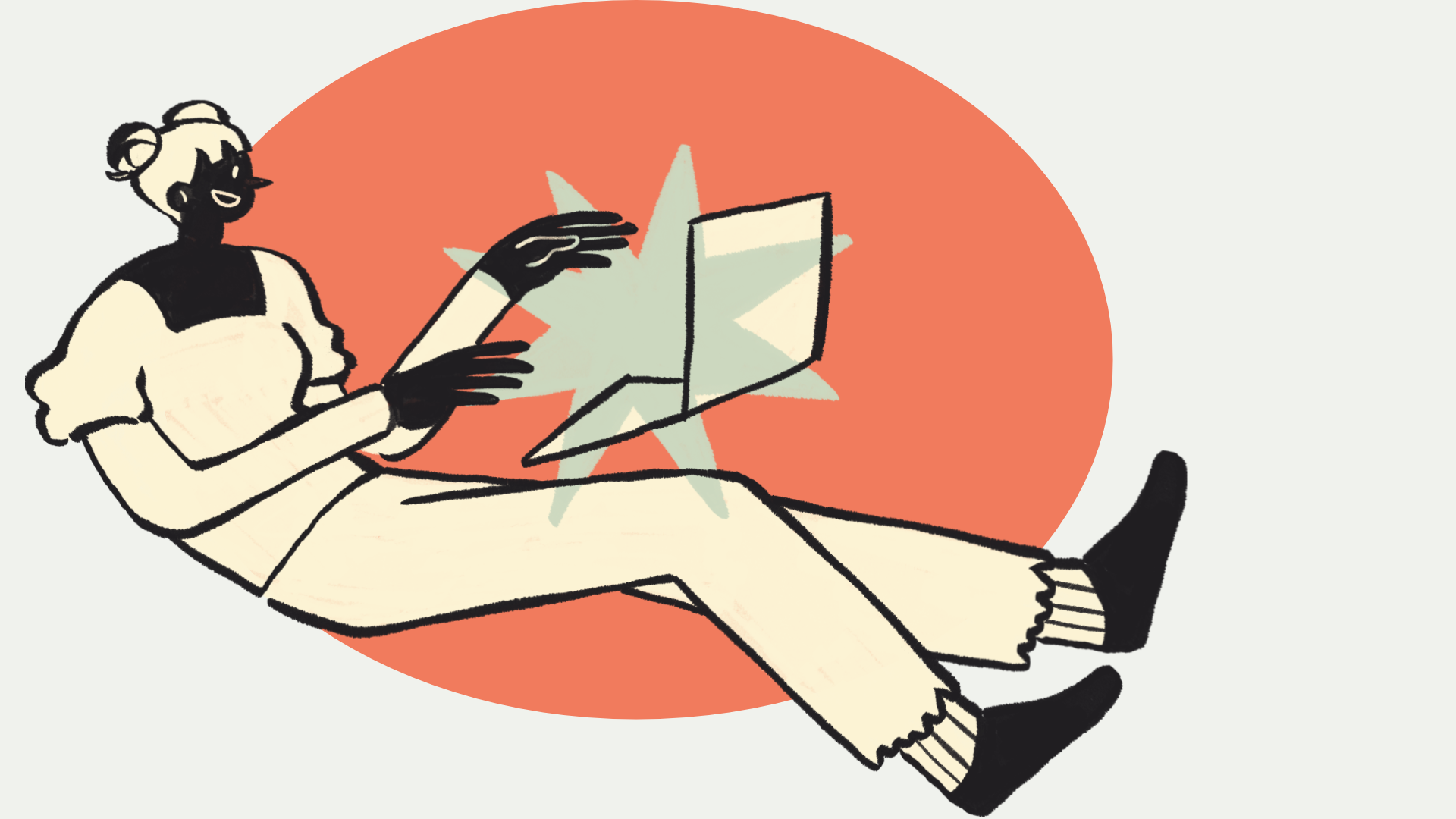 An illustration of a person with light skin and blonde hair tied in bun, sitting with legs extended, using a laptop. The person is wearing a white top, beige pants, and black shoes, with black gloves on their hands. The background features a large red circle with a starburst pattern behind the person.