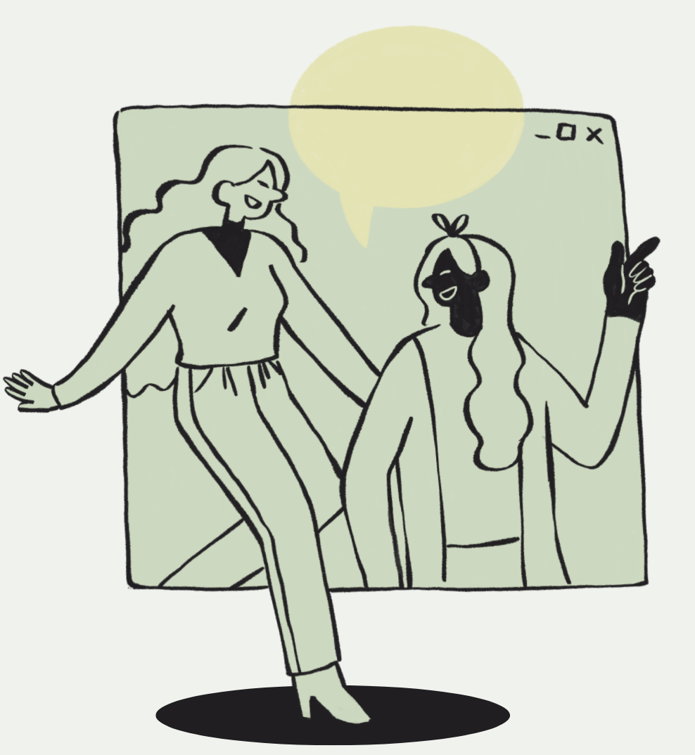 A woman with long hair wearing a jacket and pants is dancing in front of a computer screen displaying a person with long hair, sunglasses, and a headband, who is smiling and pointing upward. The background has a light green color with a yellow circle above the computer window.