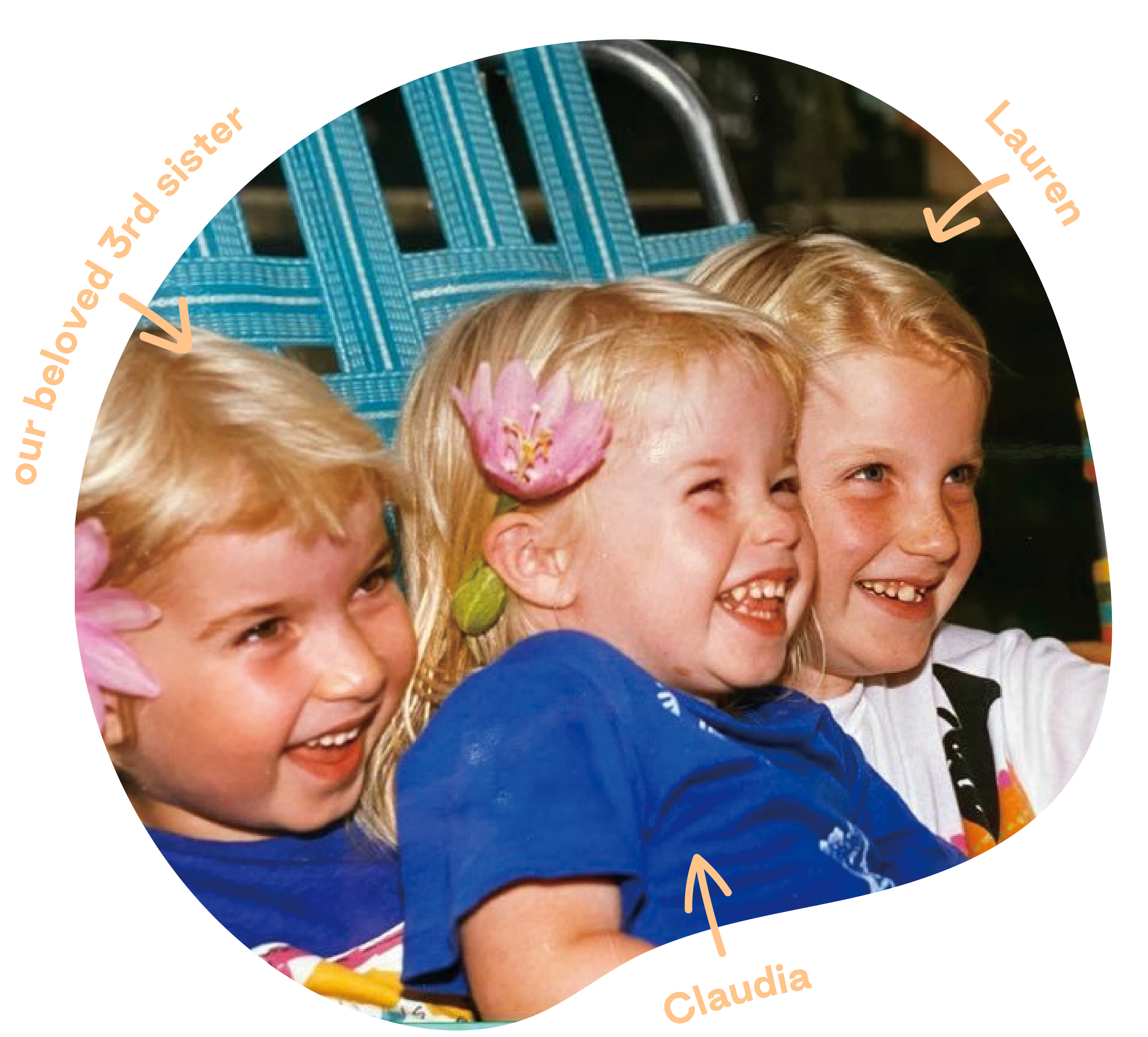 Three young girls smiling and sitting close together, with each girl having a pink flower in their hair, outdoor setting, blue woven chair in the background.