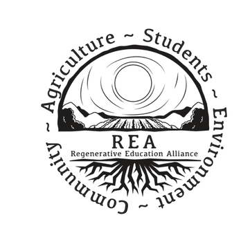 A black logo featuring a sun shining over a field with roots at the bottom. The words agriculture, students, environment and community make a circle around the design of the Regenerative Education Alliance text and graphic.