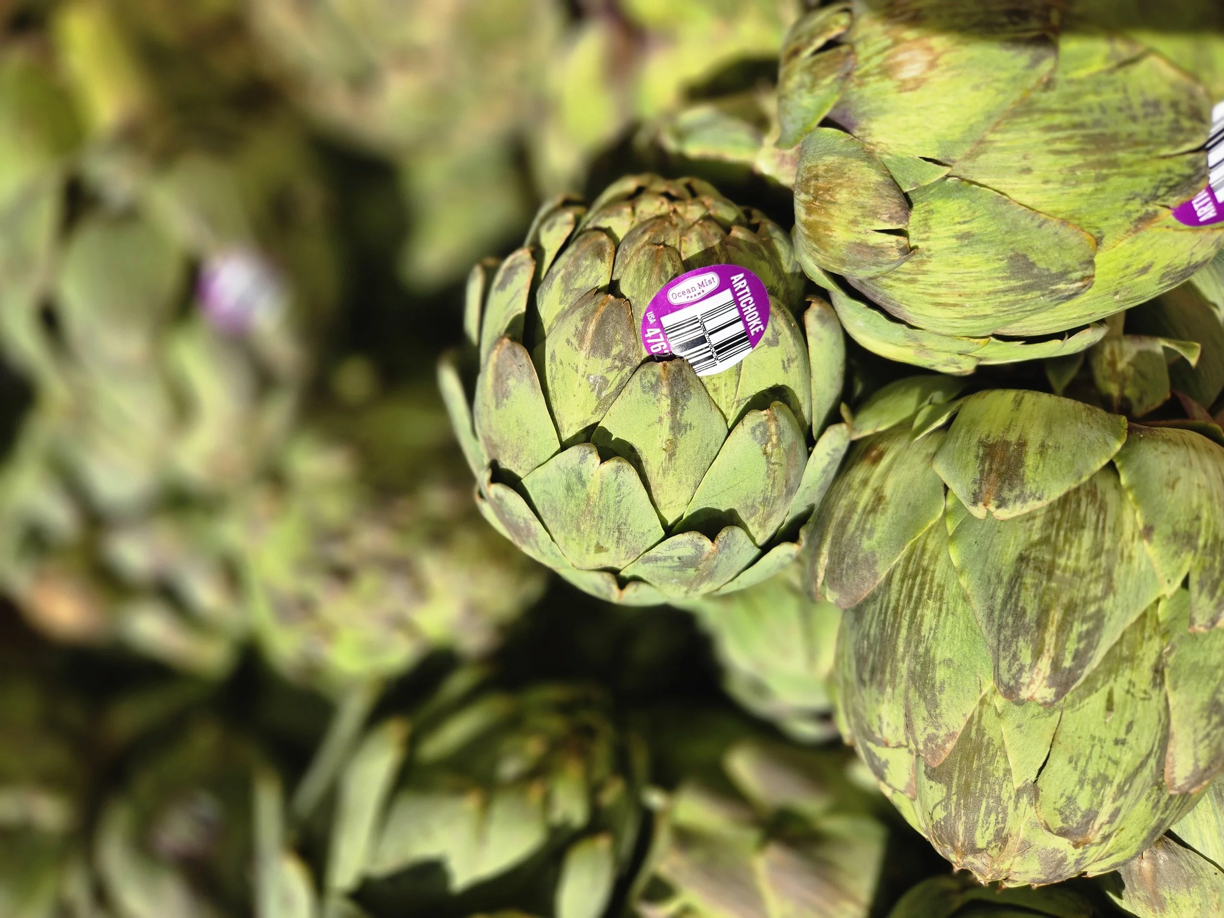 A closely cropped image of green artichokes together.