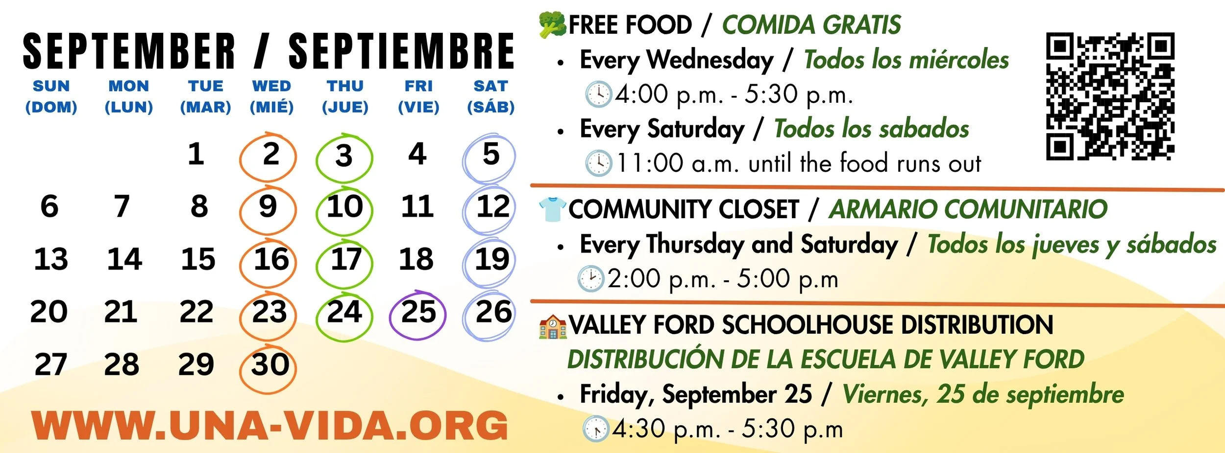 An extended calendar stating the dates and times of Una Vida's programs including free food and clothing.