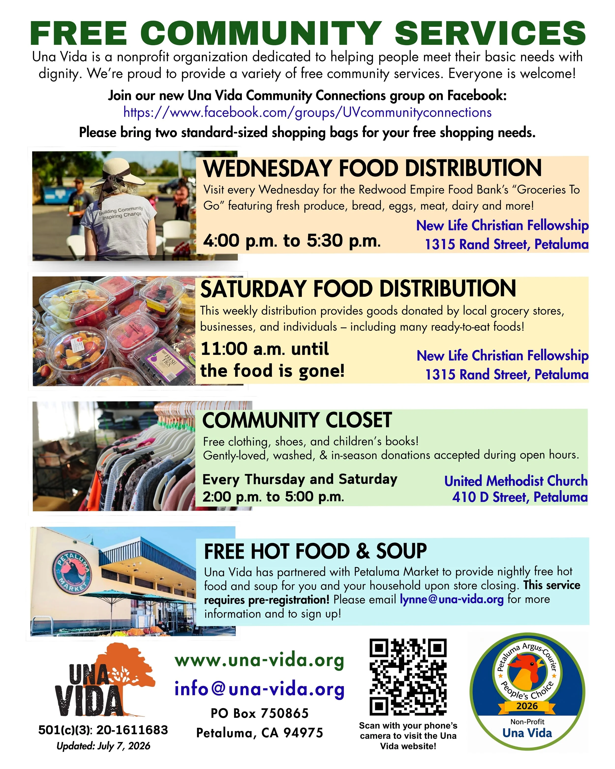 Flyer advertising free community services by UNA Vida, including food distribution, clothing closet, and hot food and soup events. Features images of a person at a food bank, packaged fruits, and the UNA Vida building with a logo.