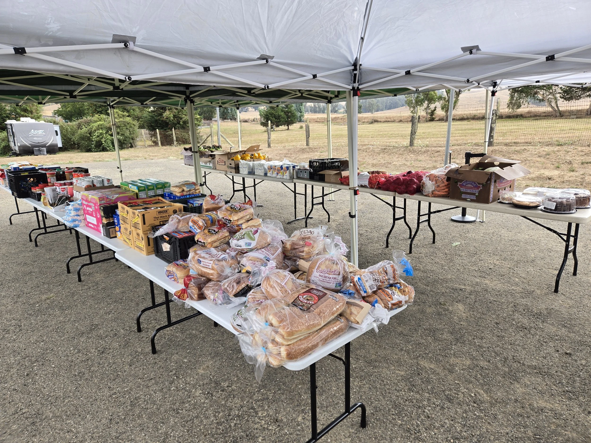 Eight tables filled with bread, fresh produce, pantry staples, drinks, and baked goods under canopy tents at Una Vida’s rural Valley Ford Food Distribution.