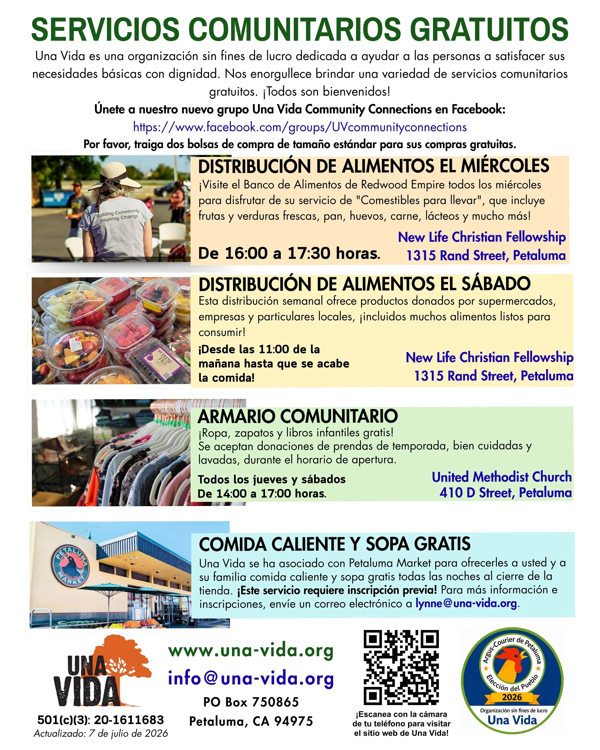 A flyer in Spanish advertising free community services including food distribution, clothing, and soup, organized by Una Vida in Petaluma, California. The flyer features images of food, clothing racks, and people at community events.