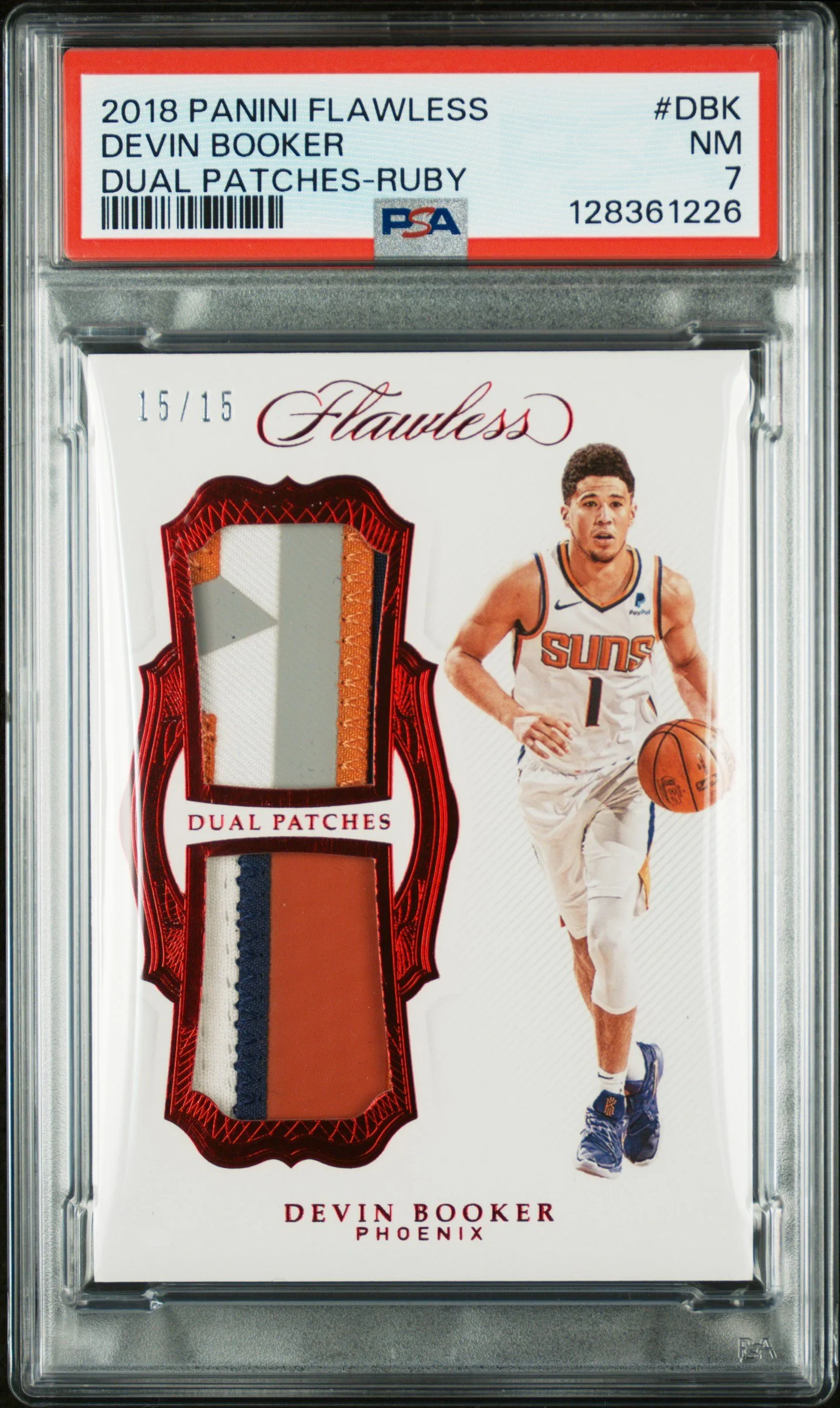 2018-19 Panini Flawless Dual Patches Ruby #5 Devin Booker 15/15 PSA 7