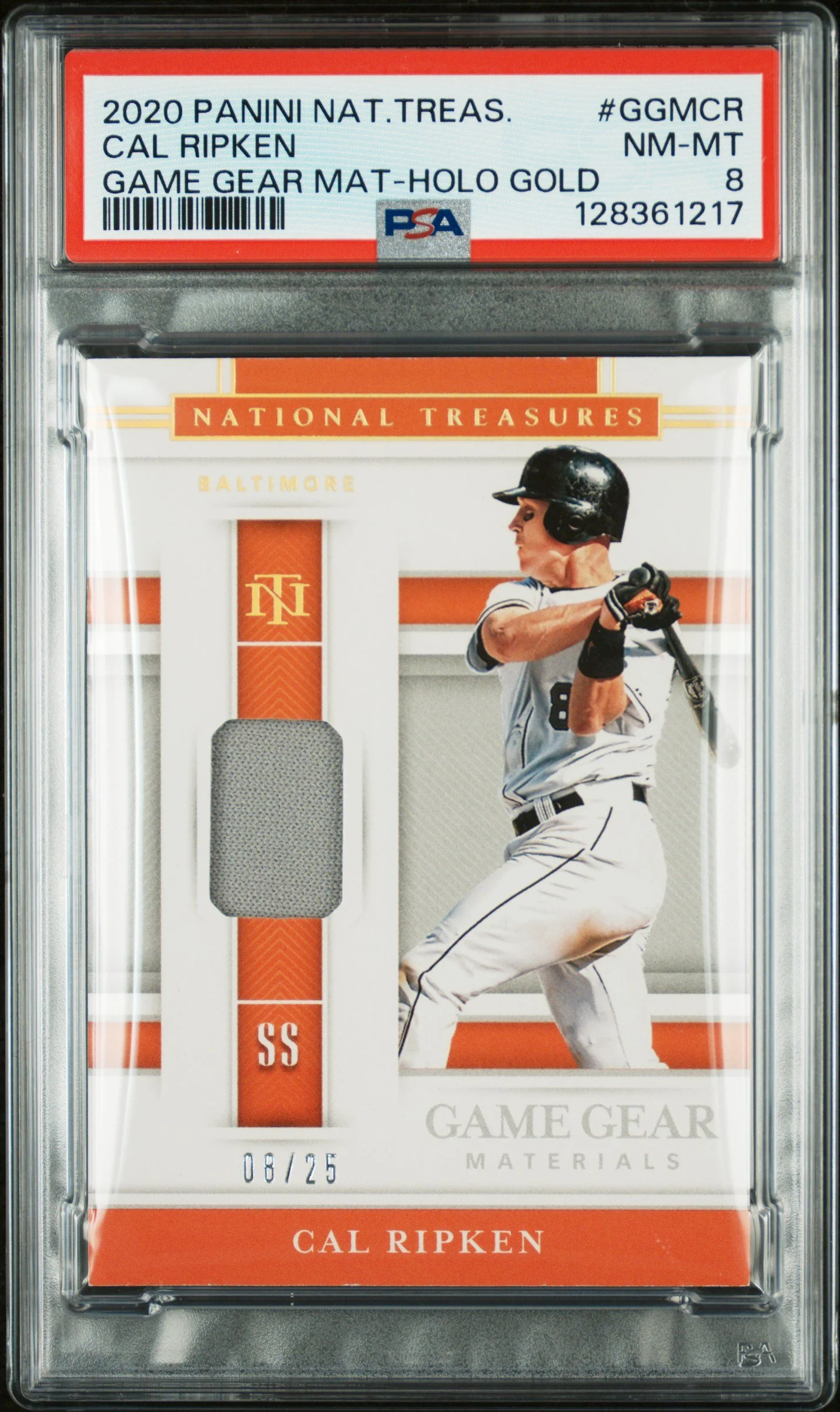 2020 Panini National Treasures Game Gear Materials #GGM-CR Cal Ripken Jr 08/25 PSA 8