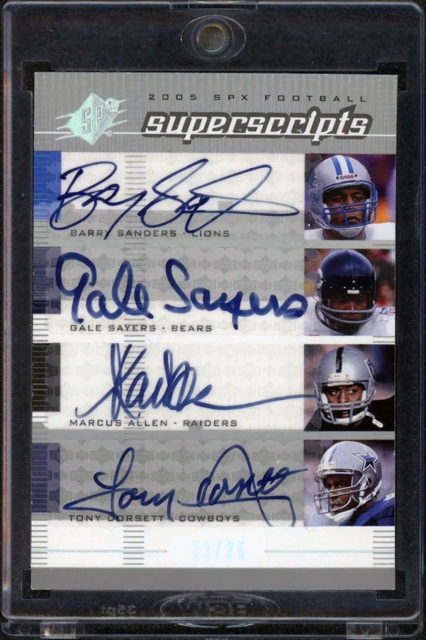2005 Upper Deck SPx Superscripts #SS-SSAD Barry Sanders Gale Sayers Marcus Allen Tony Dorsett 21/25