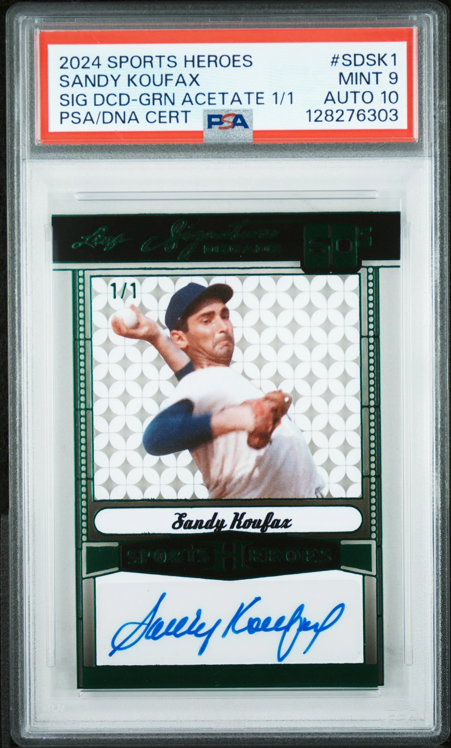 2024 Leaf Sports Heroes Signature Decade Green Acetate #SD-SK1 Sandy Koufax 1/1 PSA 9 AUTO 10