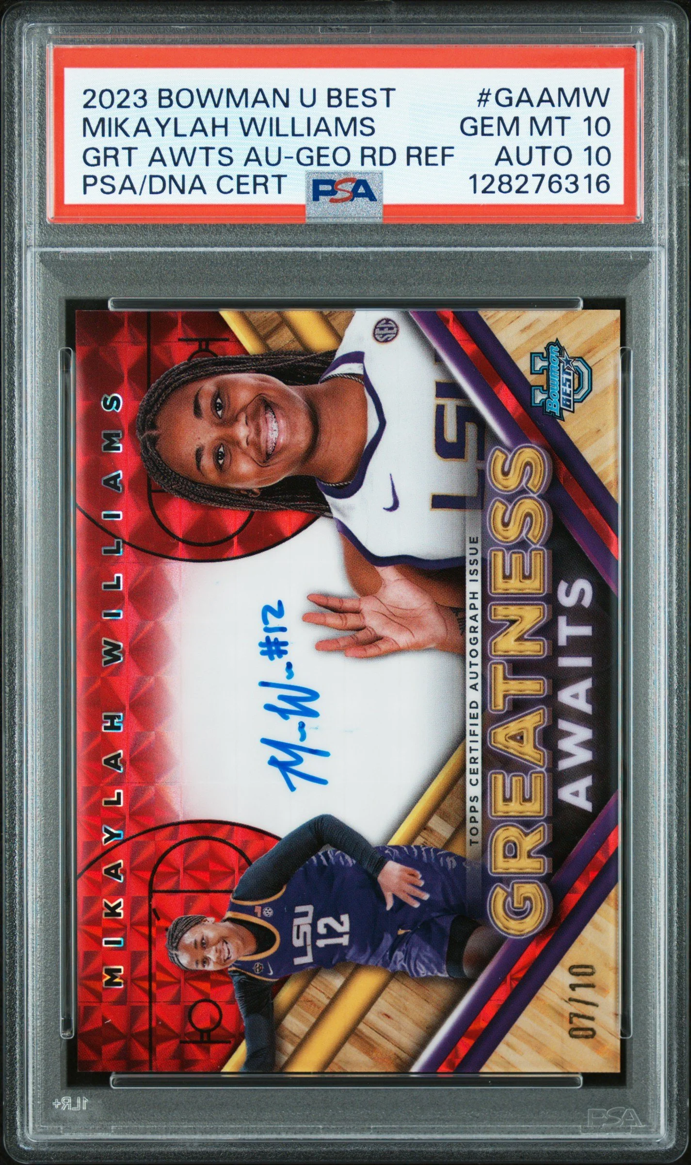 2023 Bowman University Best Greatness Awaits Autographs #GAAMW Mikaylah Williams 07/10 PSA 10 AUTO 10