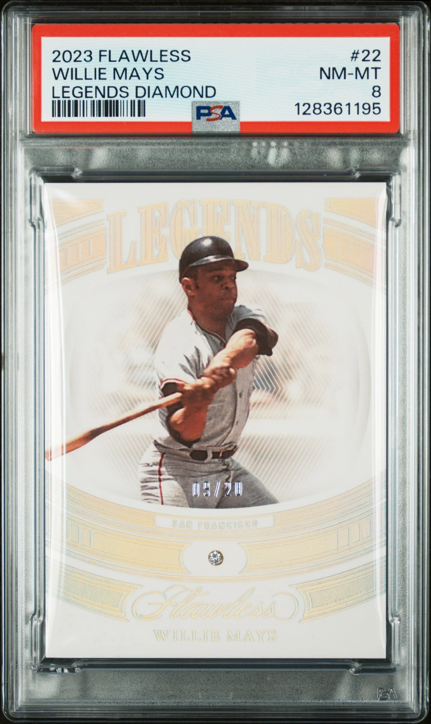 2023 Panini Legends Flasswless Diamond #22 Willie Mays 09/20 PSA 8