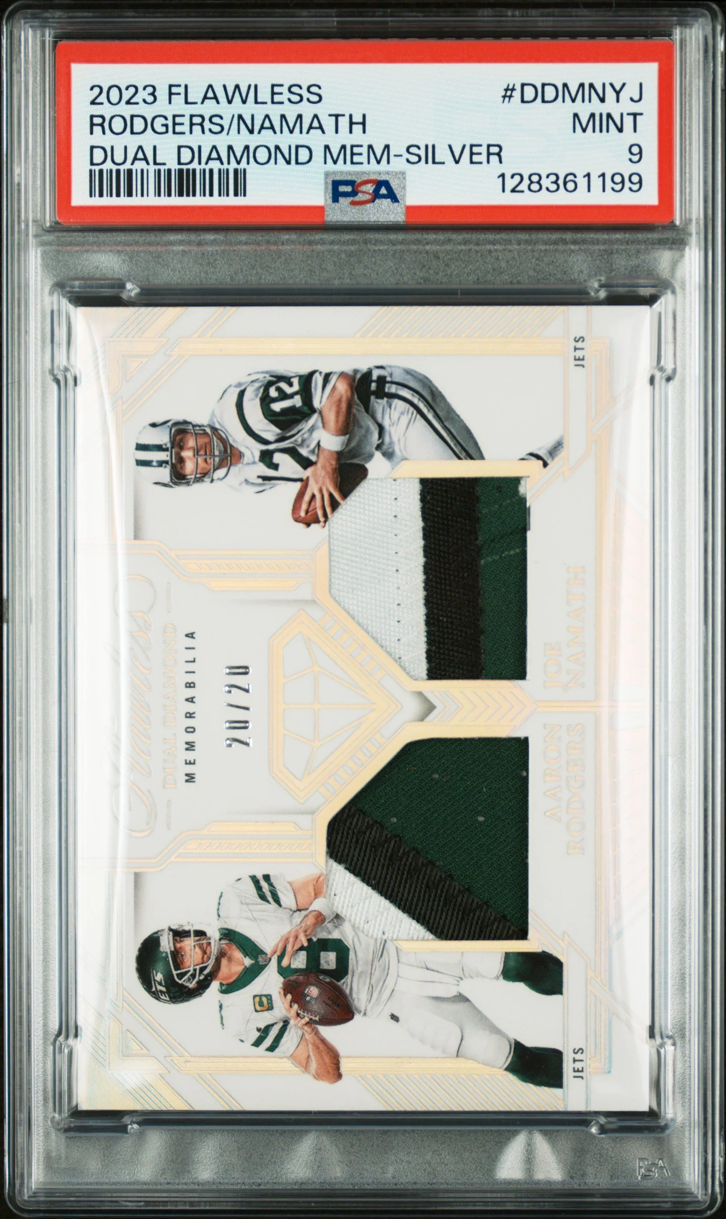 2023 Panini Flawless Dual Diamond Memorabilia #DDMNYJ Aaron Rodgers / Joe Namath 20/20 PSA 9