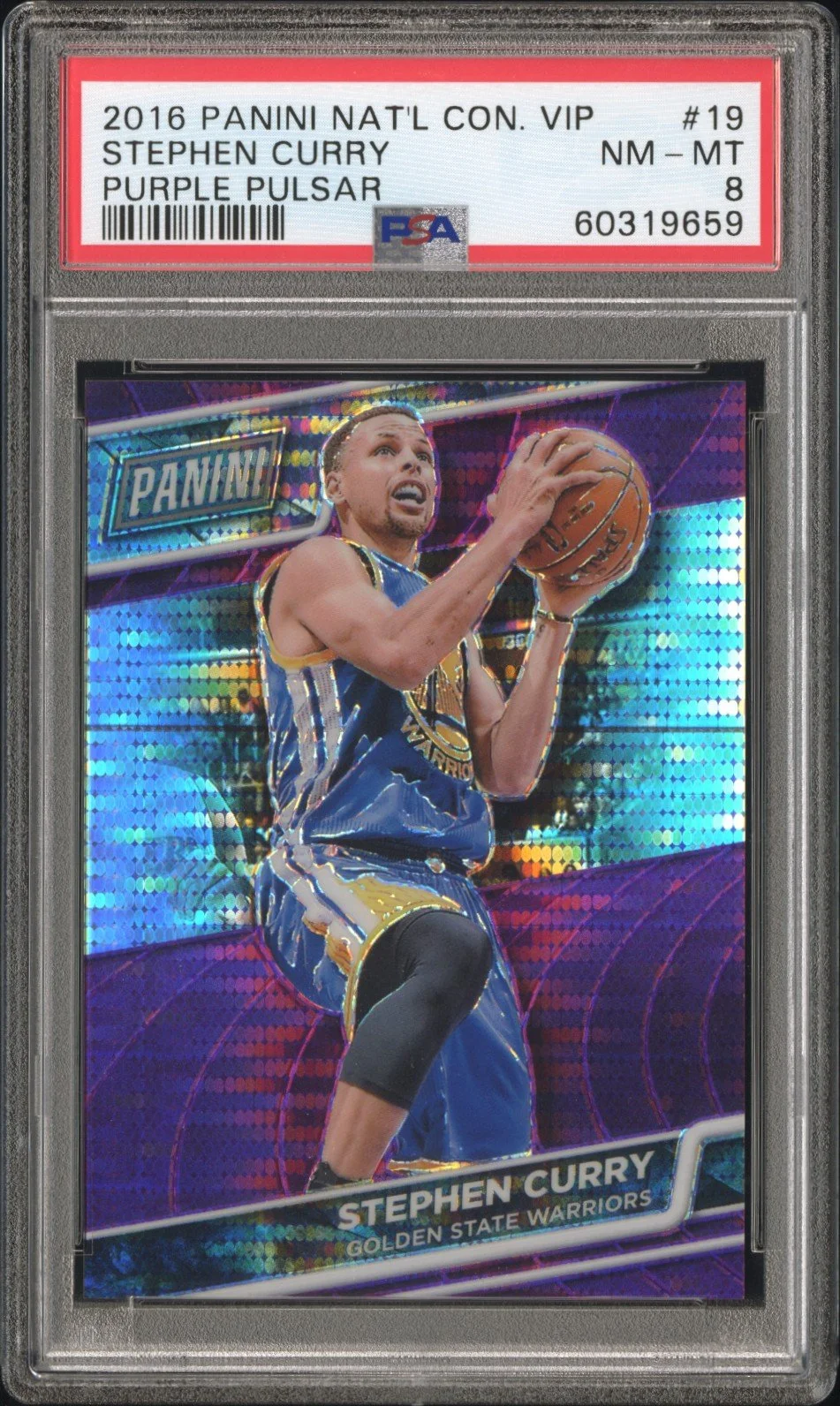 2016 Panini National Convention VIP Purple Pulsar #19 Stephen Curry 30/50 PSA 8