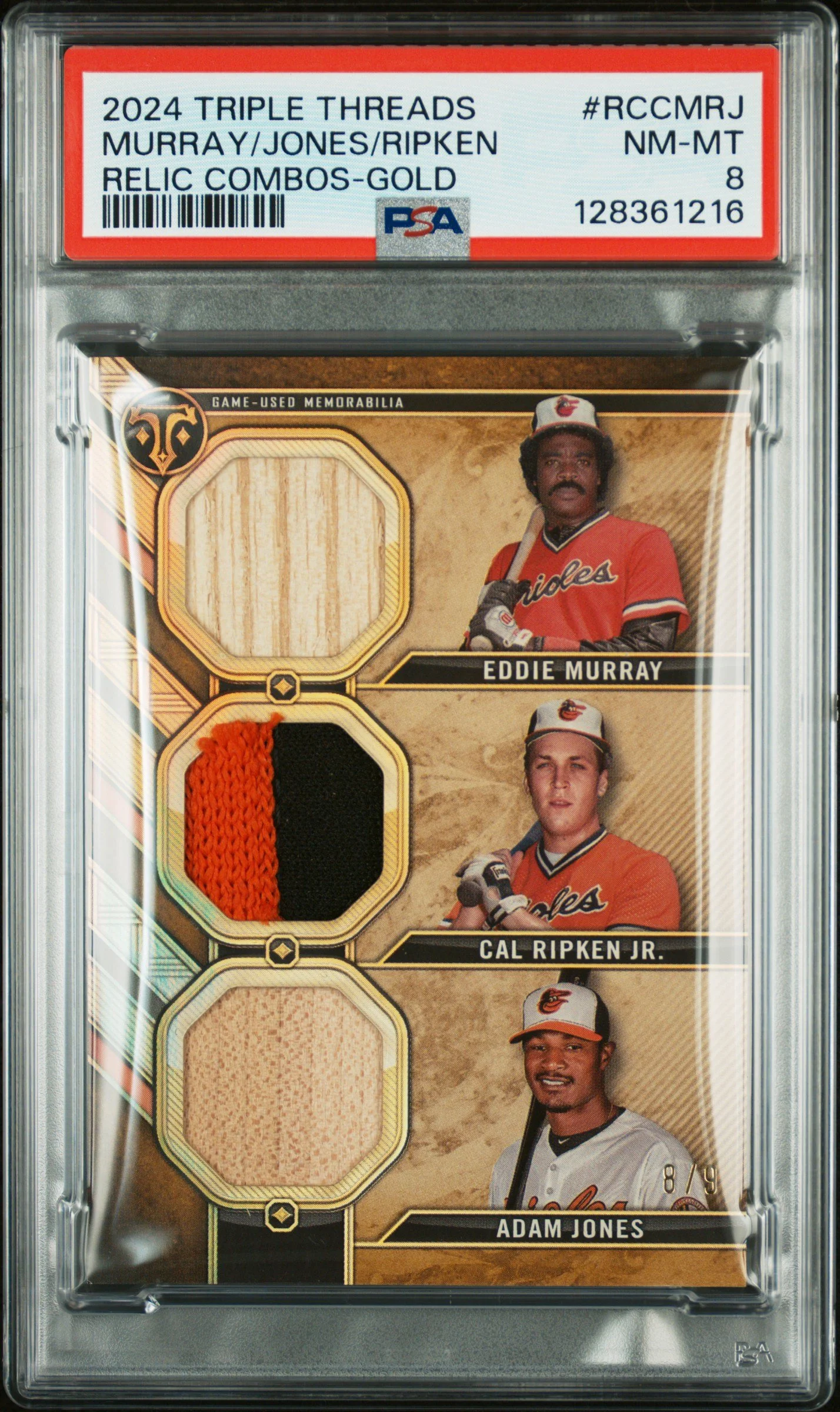 2024 Topps Triple Threads Eddie Murray, Cal Ripken, Adam Jones Triple Relic 8/9 PSA 8