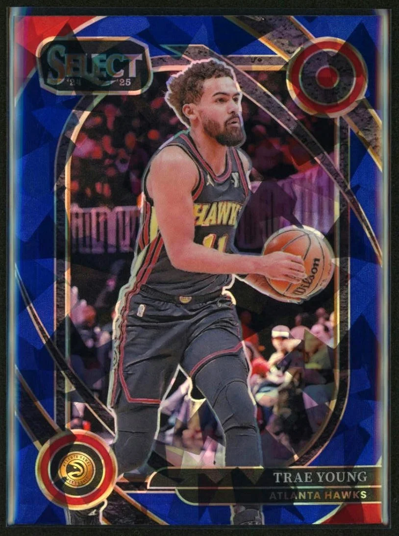 2024-25 Panini Select Courtside #223 Trae Young Blue Cracked Ice Prizm