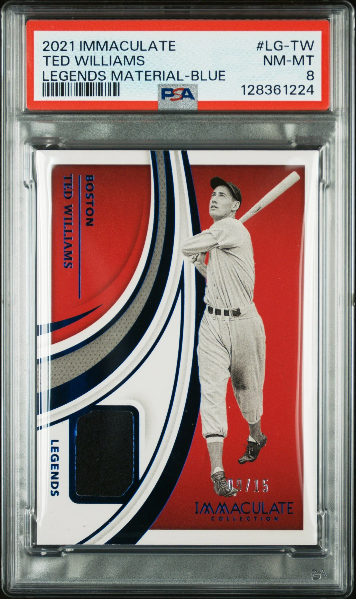 2021 Panini Immaculate Legends Material #LG-TW Ted Williams Blue 09/15 PSA 8