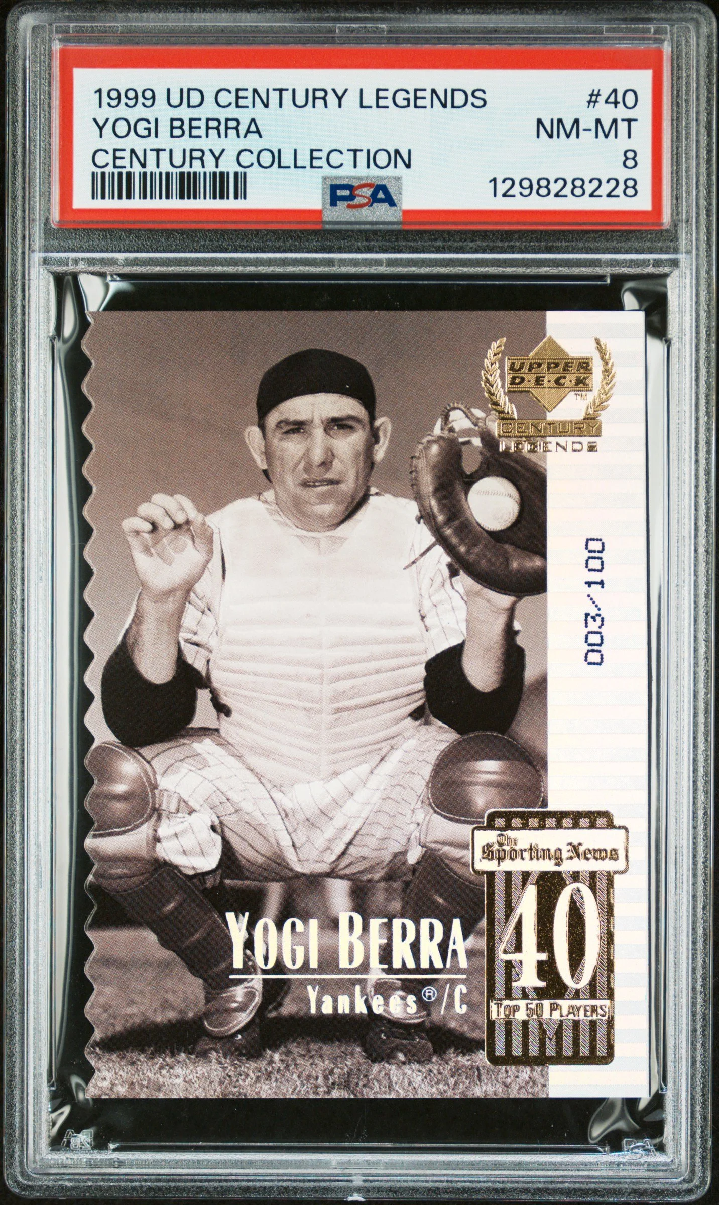 1999 Upper Deck Century Legends 40 Yogi Berra Century Collection 003/100 PSA 8