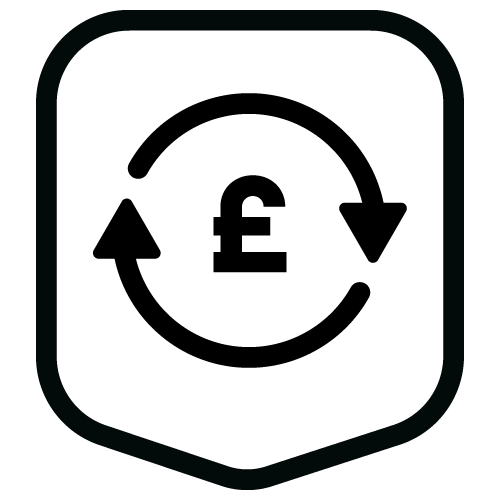 Black outline shield-shaped icon with two arrows in a circular shape and a pound symbol inside.