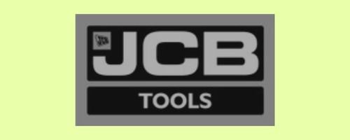 JCB Tools logo written in grey and black on a lime green backround.