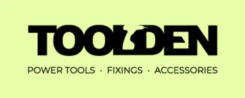 Toolden Power Tools logo written in black on lime green background