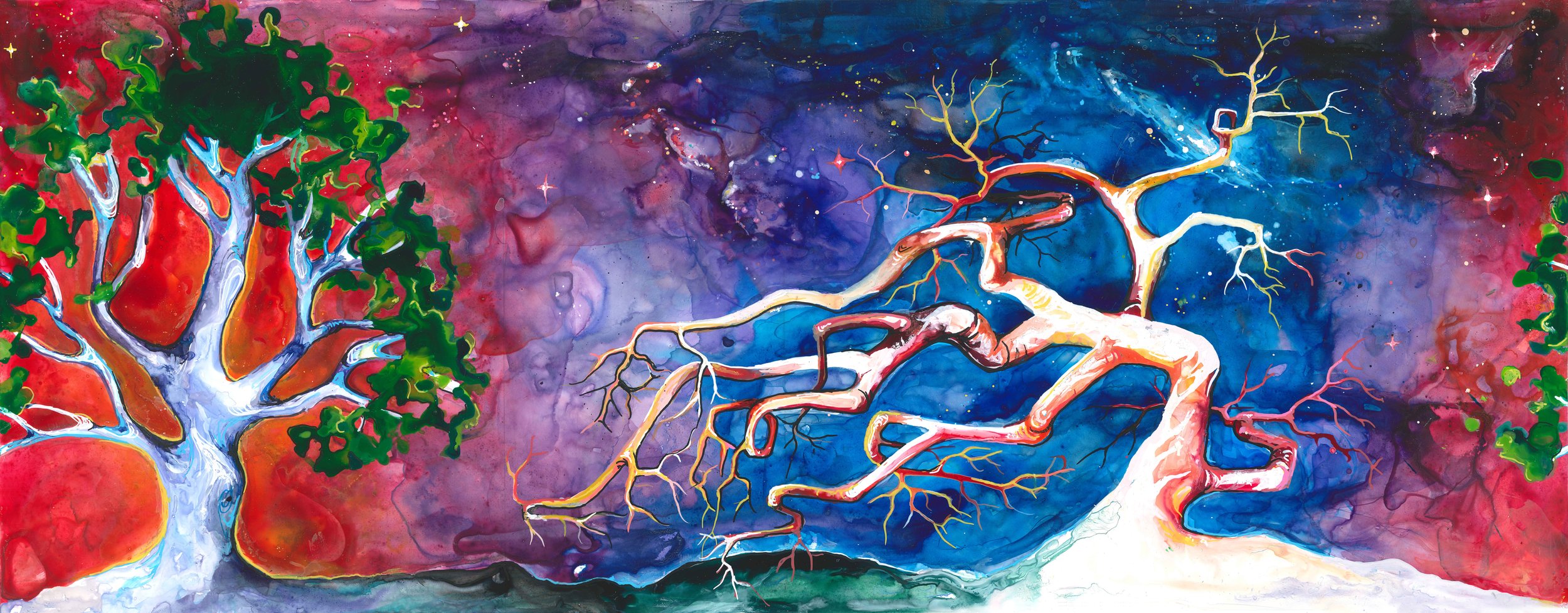 "Two Trees, Two Seasons" Acrylic ink on yupo, 62cm x 25cm