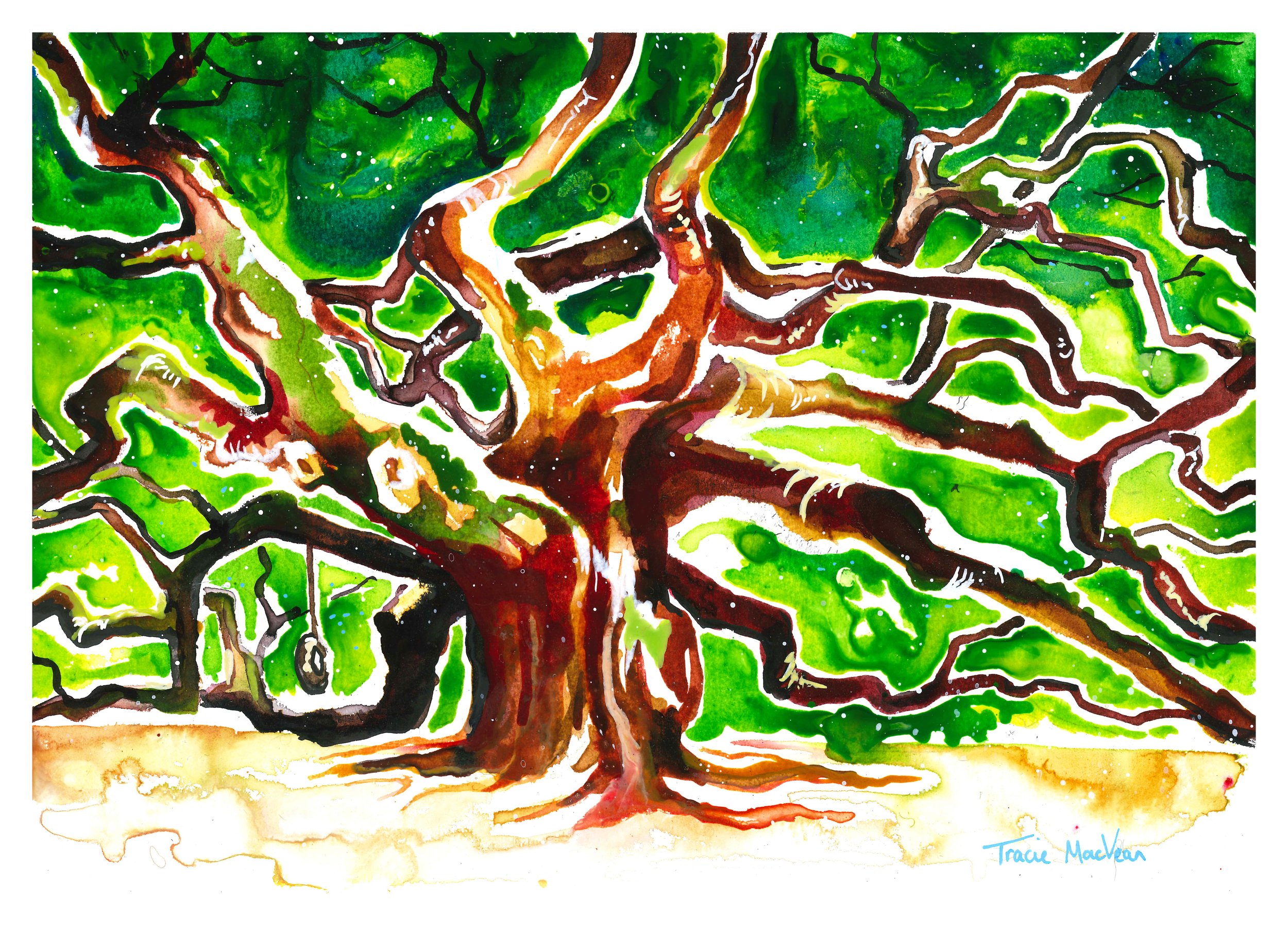 "The Swing in the Ancient Tree" Acrylic ink on paper, 42cm x 30cm