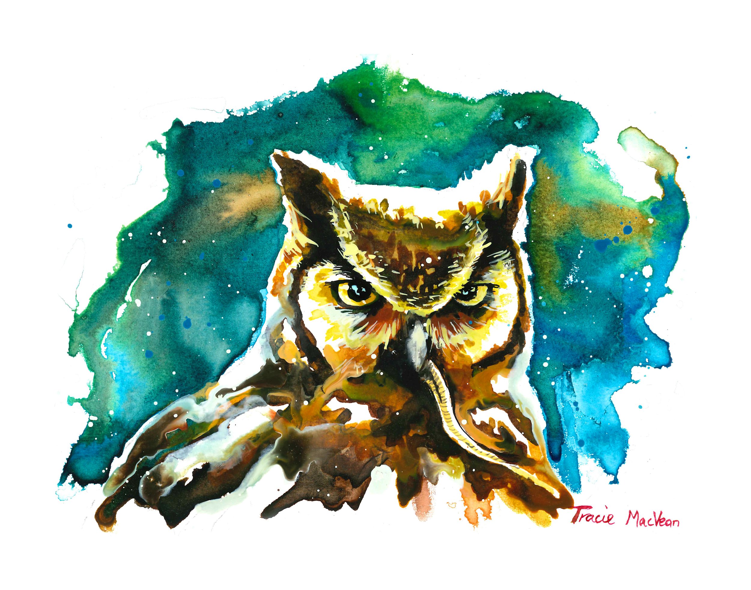 "Greater Owl with Prey" Acrylic ink on paper, 21cm x 15cm