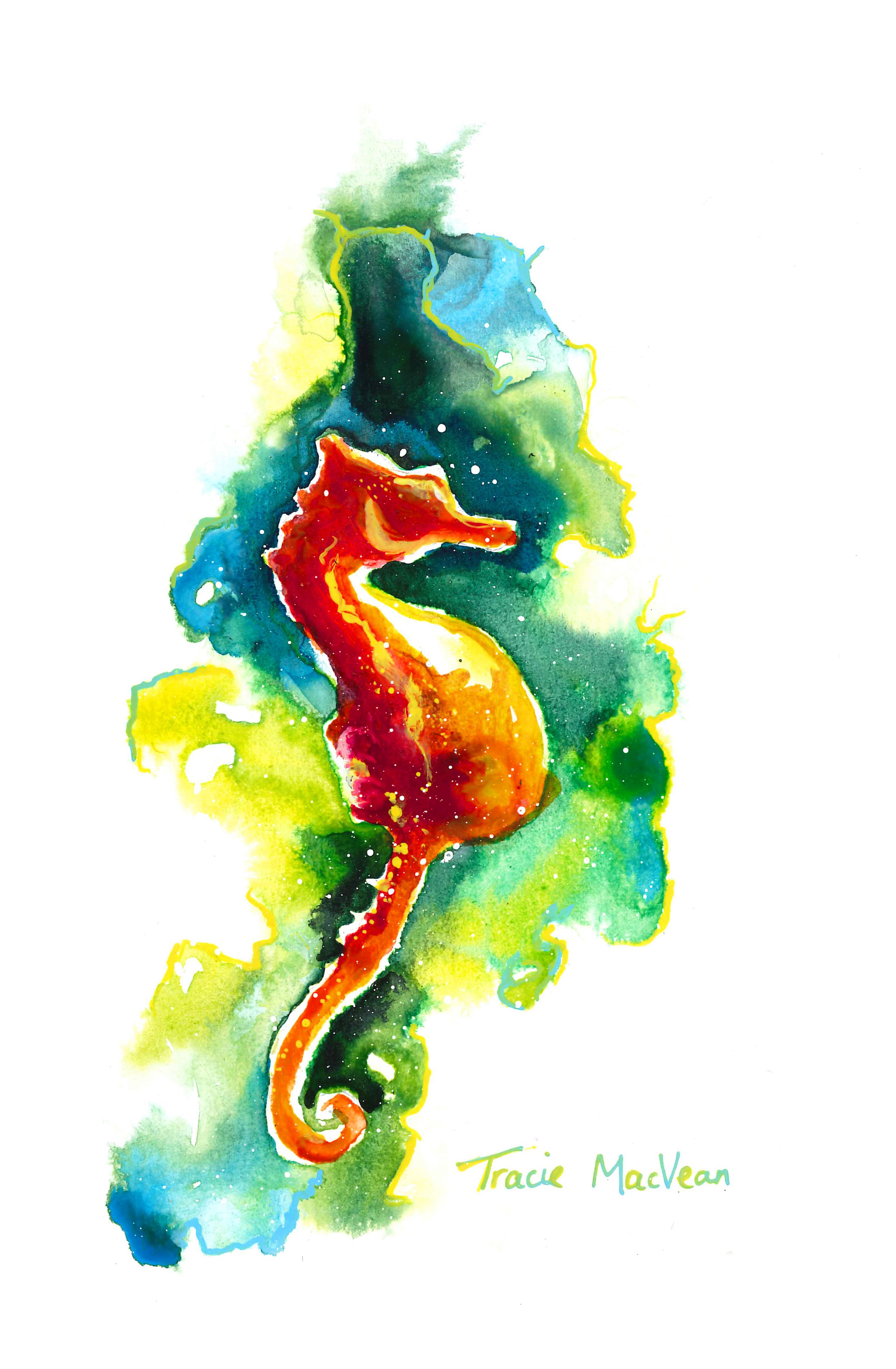 "Sea Horse" Acrylic ink on paper, 15cm x 21cm