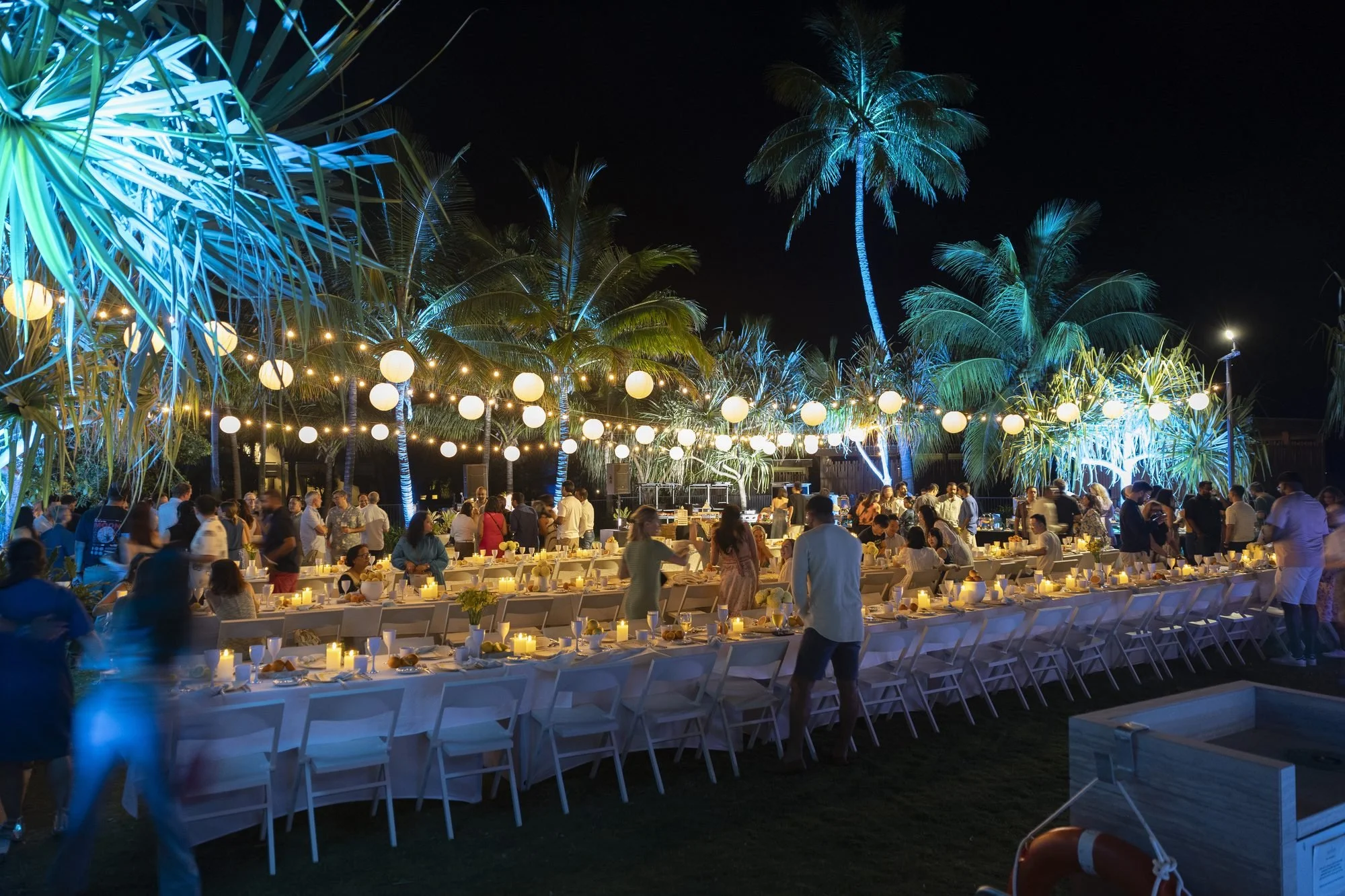 Long tablescape under lit palm trees at night for a LinkedIn corporate event on Hayman Island
