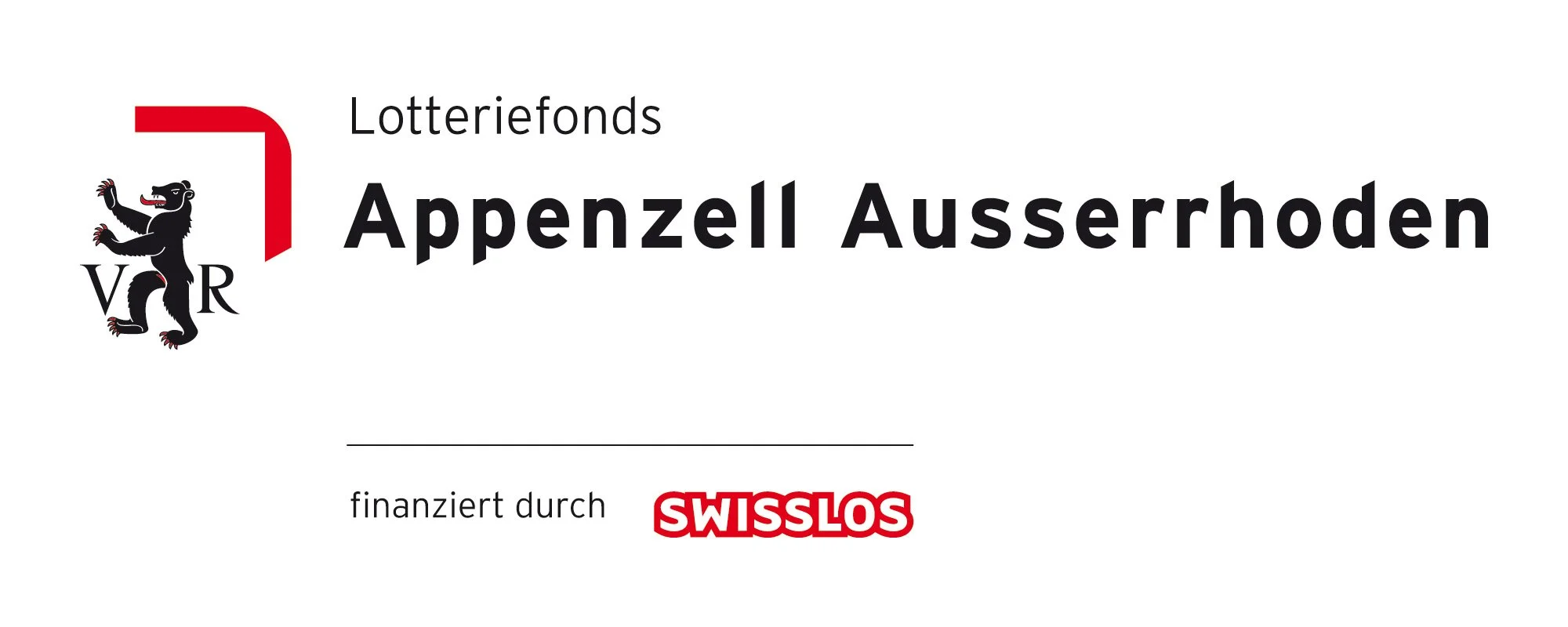 Logo des Lotteriefonds Appenzell Ausserrhoden mit einem schwarzen Löwen, rotem Rahmen und den Texten 'Lotteriefonds Appenzell Ausserrhoden' sowie 'finanziert durch SWISSLOS'