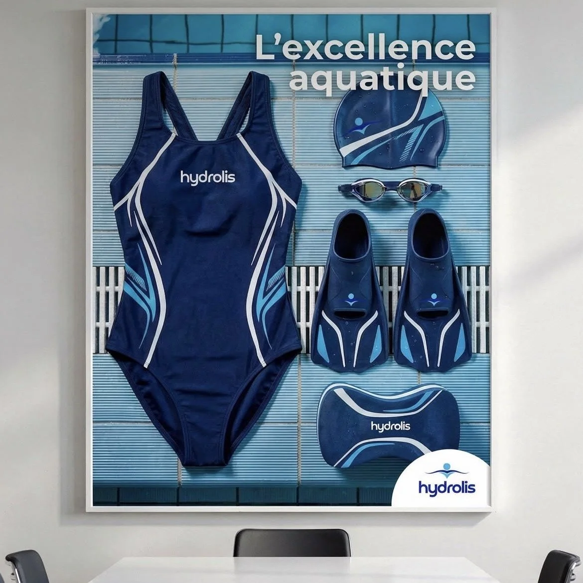 Affiche promotionnelle pour la natation avec équipement bleu, comprend un maillot de bain, des lunettes de natation, une bonnet, des nageoires, et un coussin de tête avec le logo 'hydrolis', et le texte 'L'excellence aquatique'