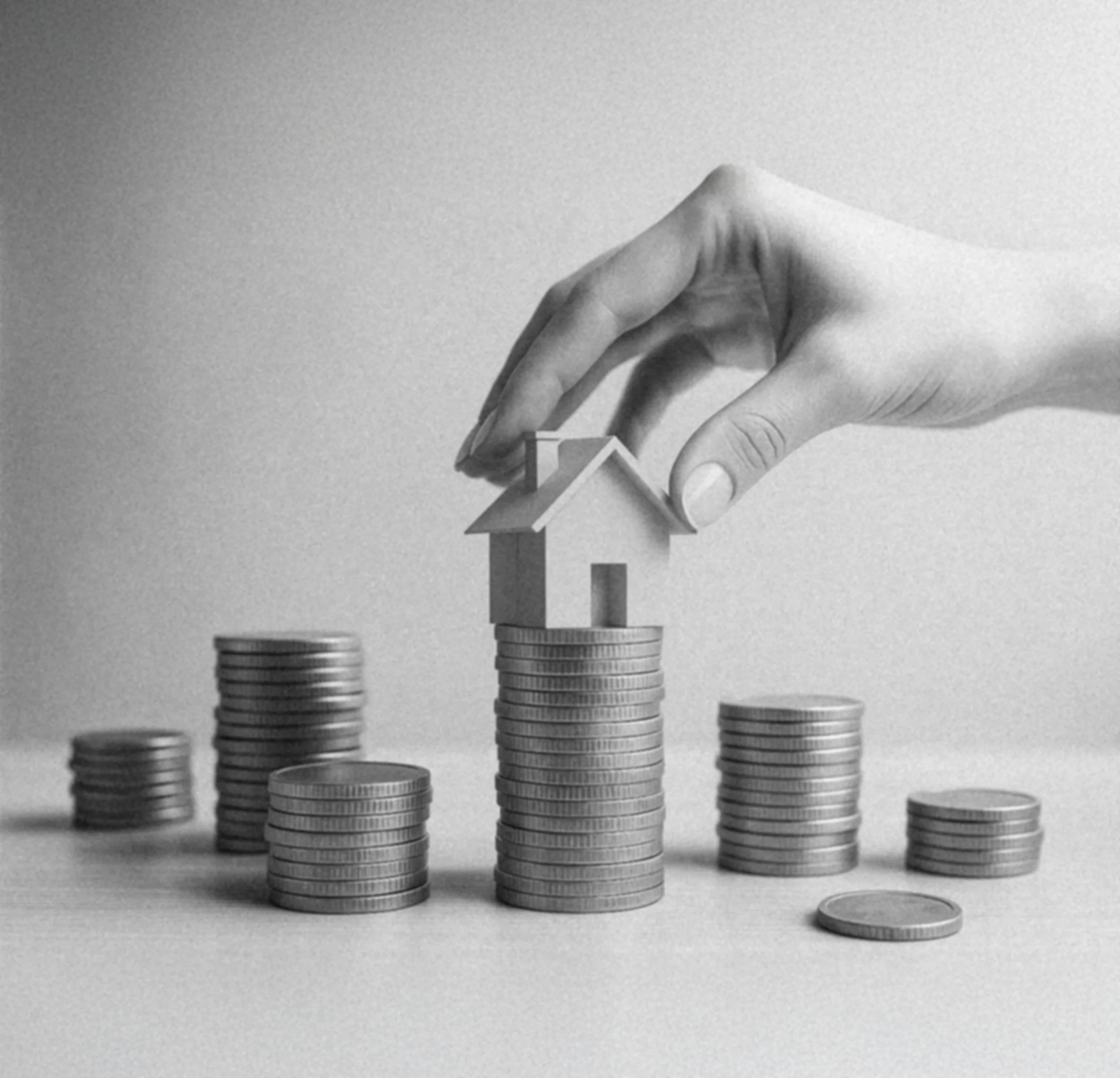Main tenant une maison miniature sur une pile de pièces de monnaie.