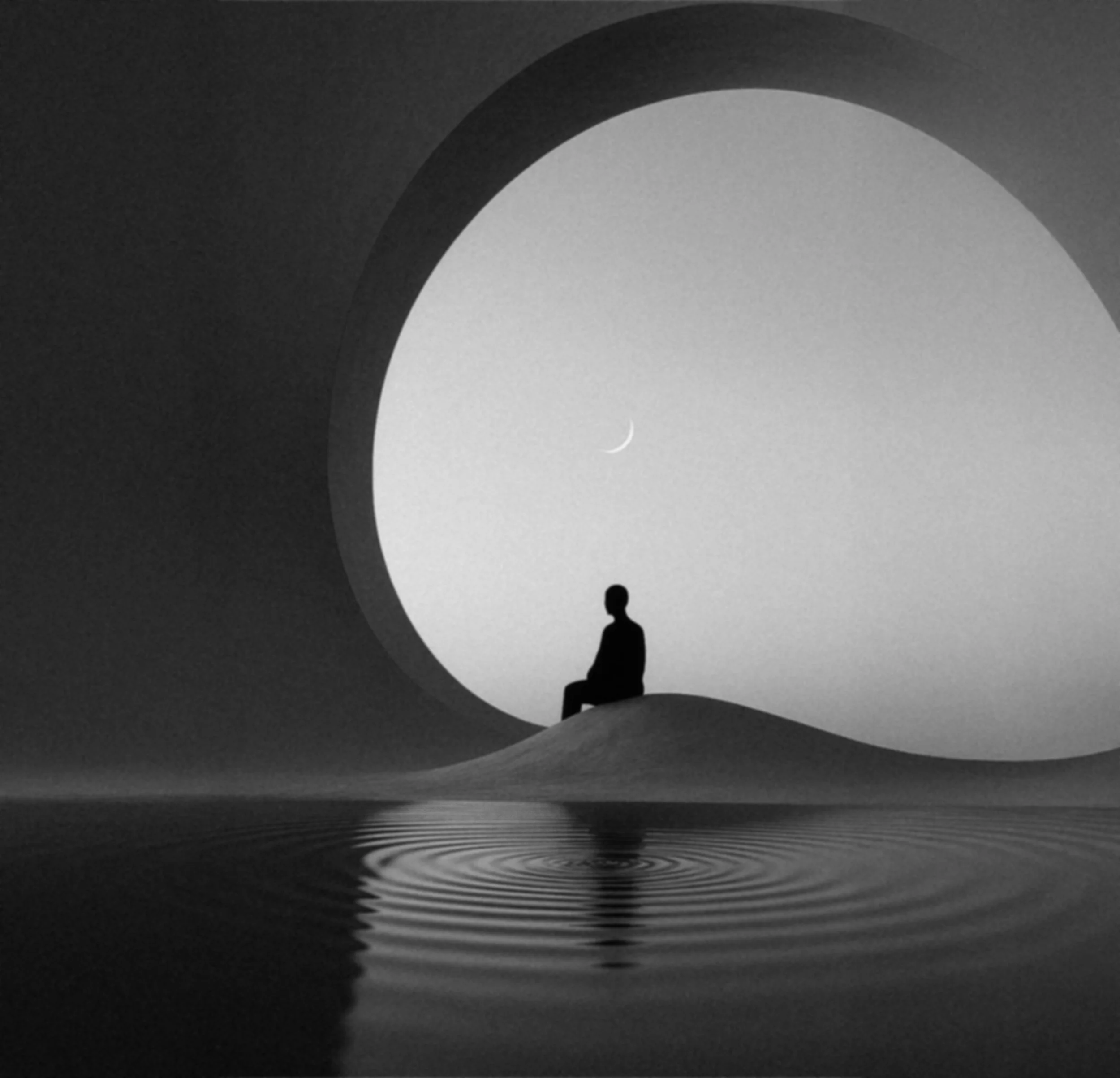 Silhouette d'une personne assise sur une dune, devant un grand cercle architectural, avec une lune en croissant dans le ciel et des ondulations dans l'eau au premier plan.