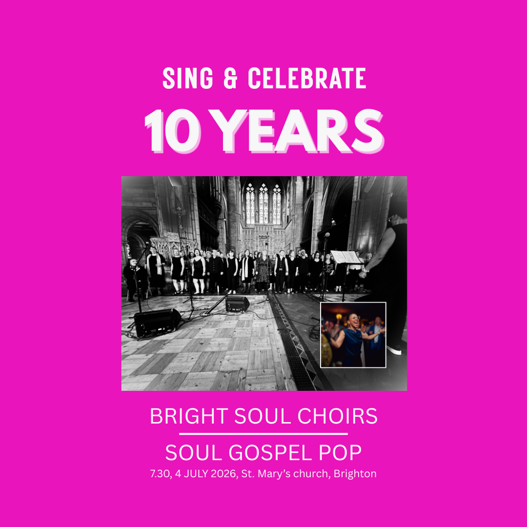 A black and white photo of a choir on a pink background with Sing and Celebrate 10 years in white writing