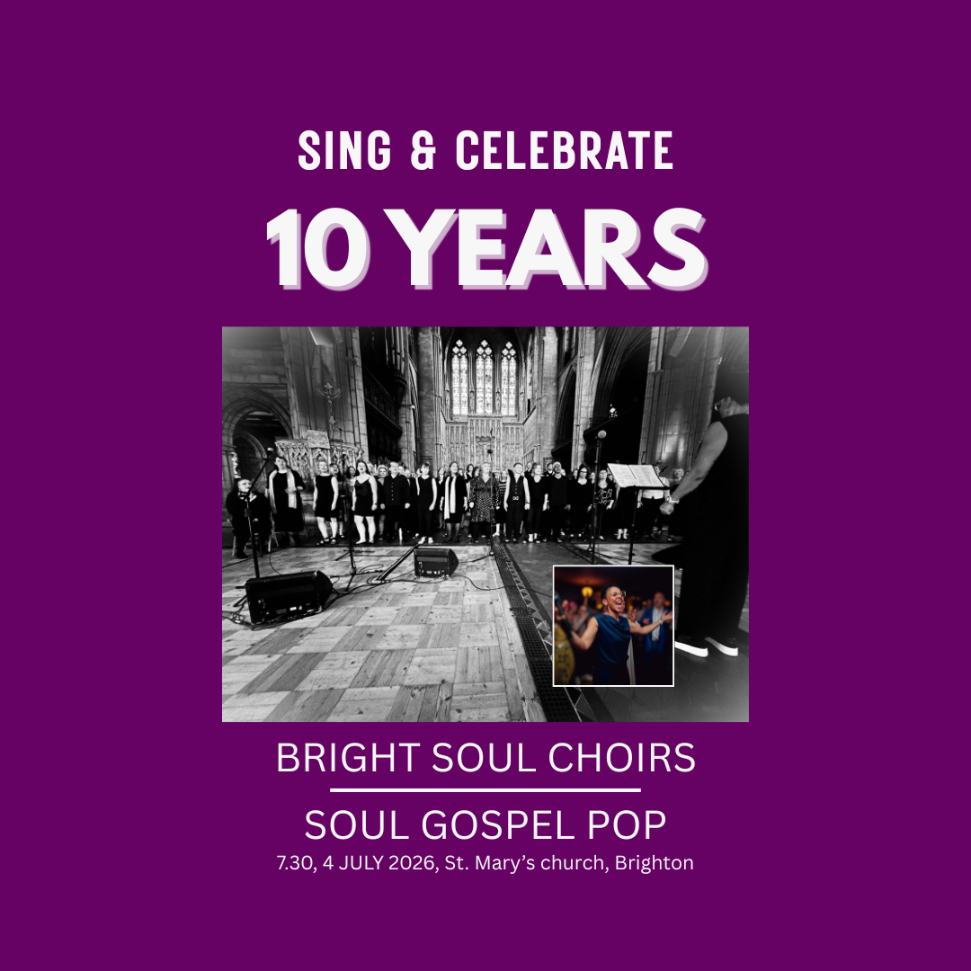 A black and white photo of a choir on a purple background with Sing and Celebrate 10 years in white writing