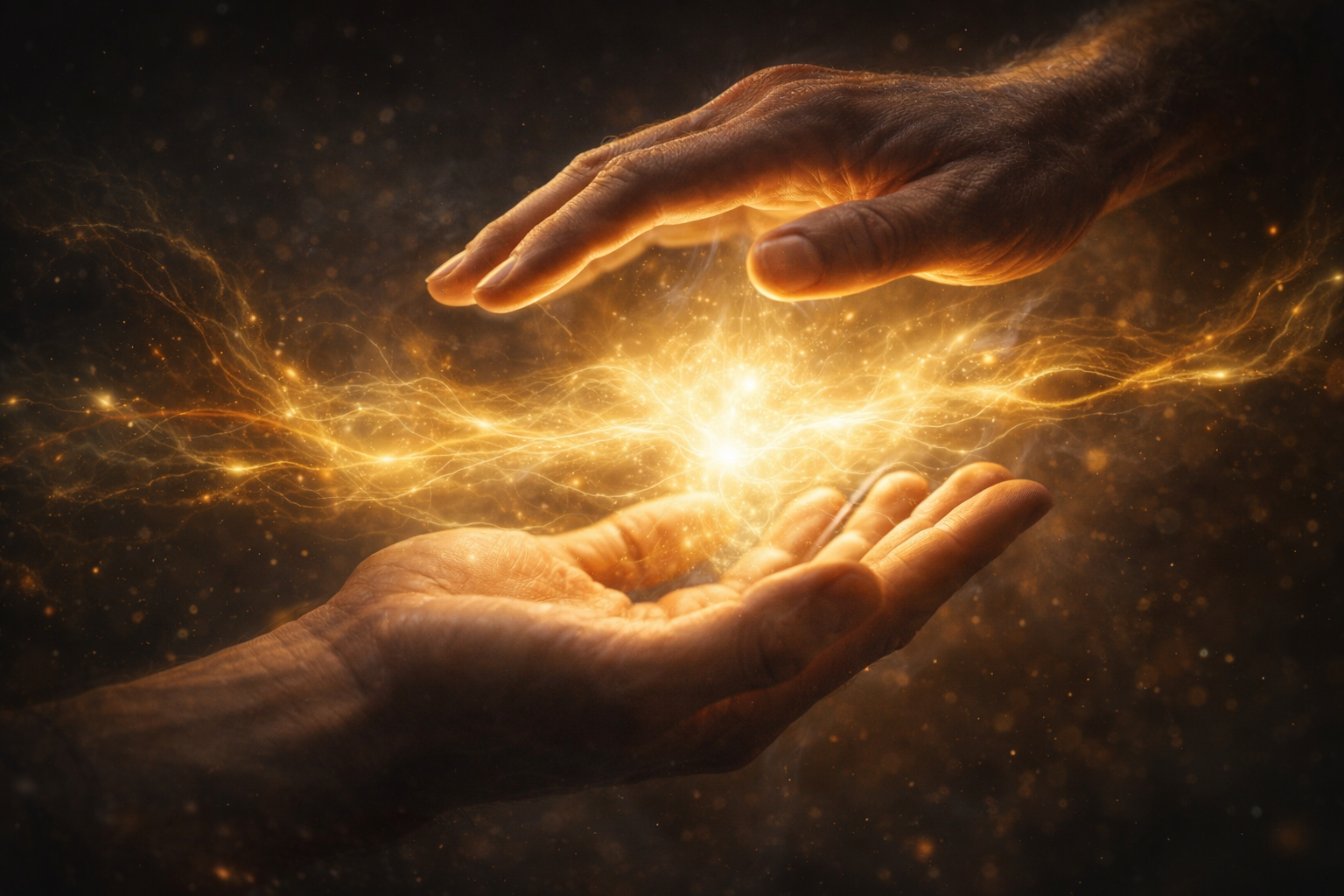 Main tenant des lumières multicolores et éthérées s'élevant dans un motif fluide.