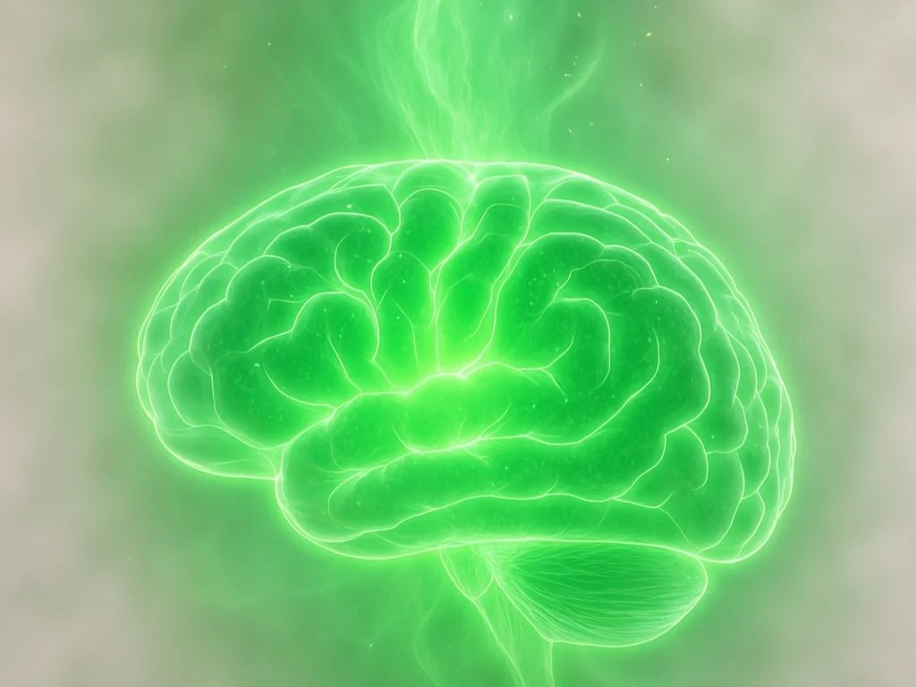 Illustration d'un cerveau lumineux vert sur un fond flou.