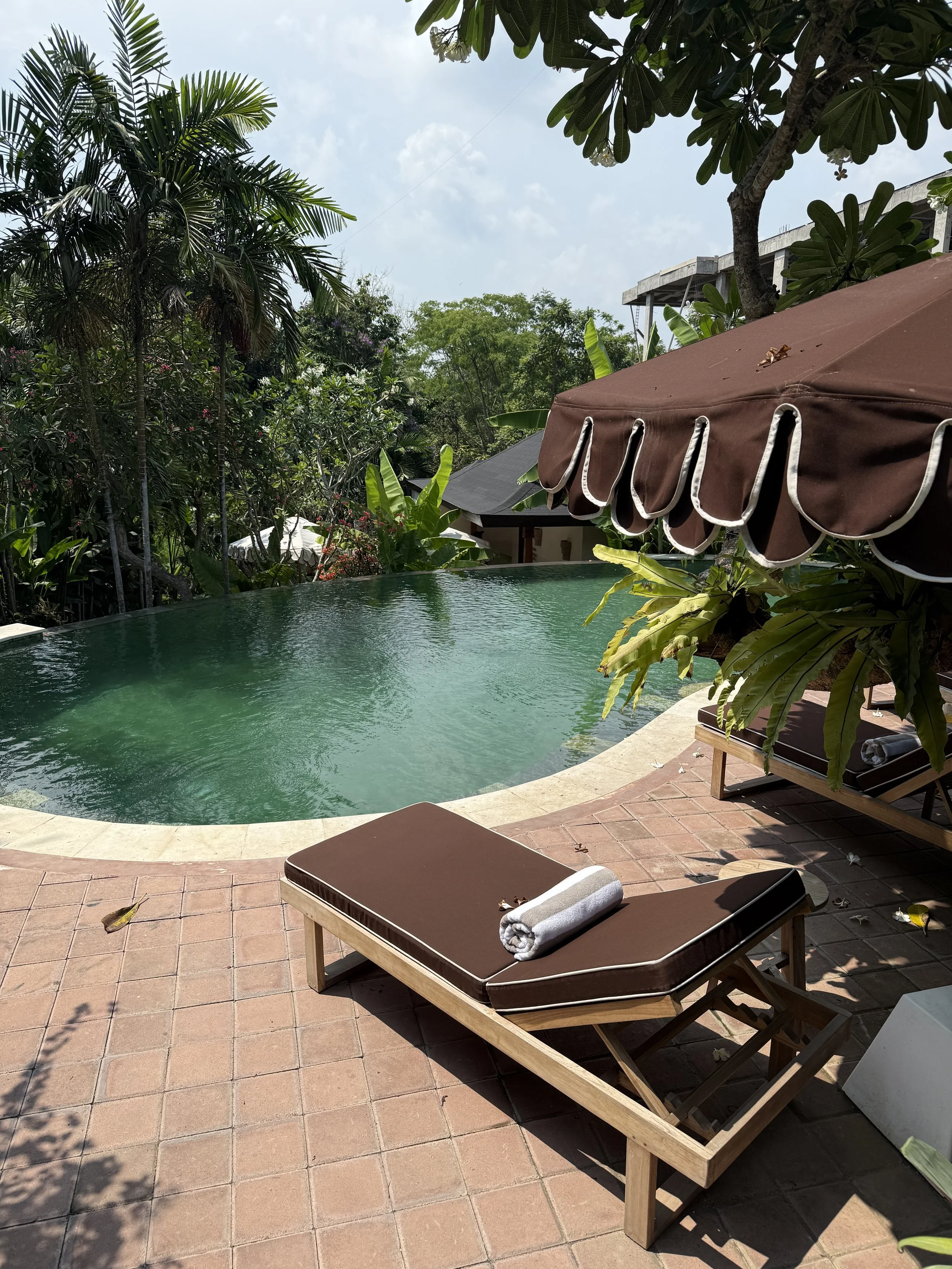 Poolside lounge chairs with rolled towels and an umbrella surrounded by trees and foliage on a sunny day.
