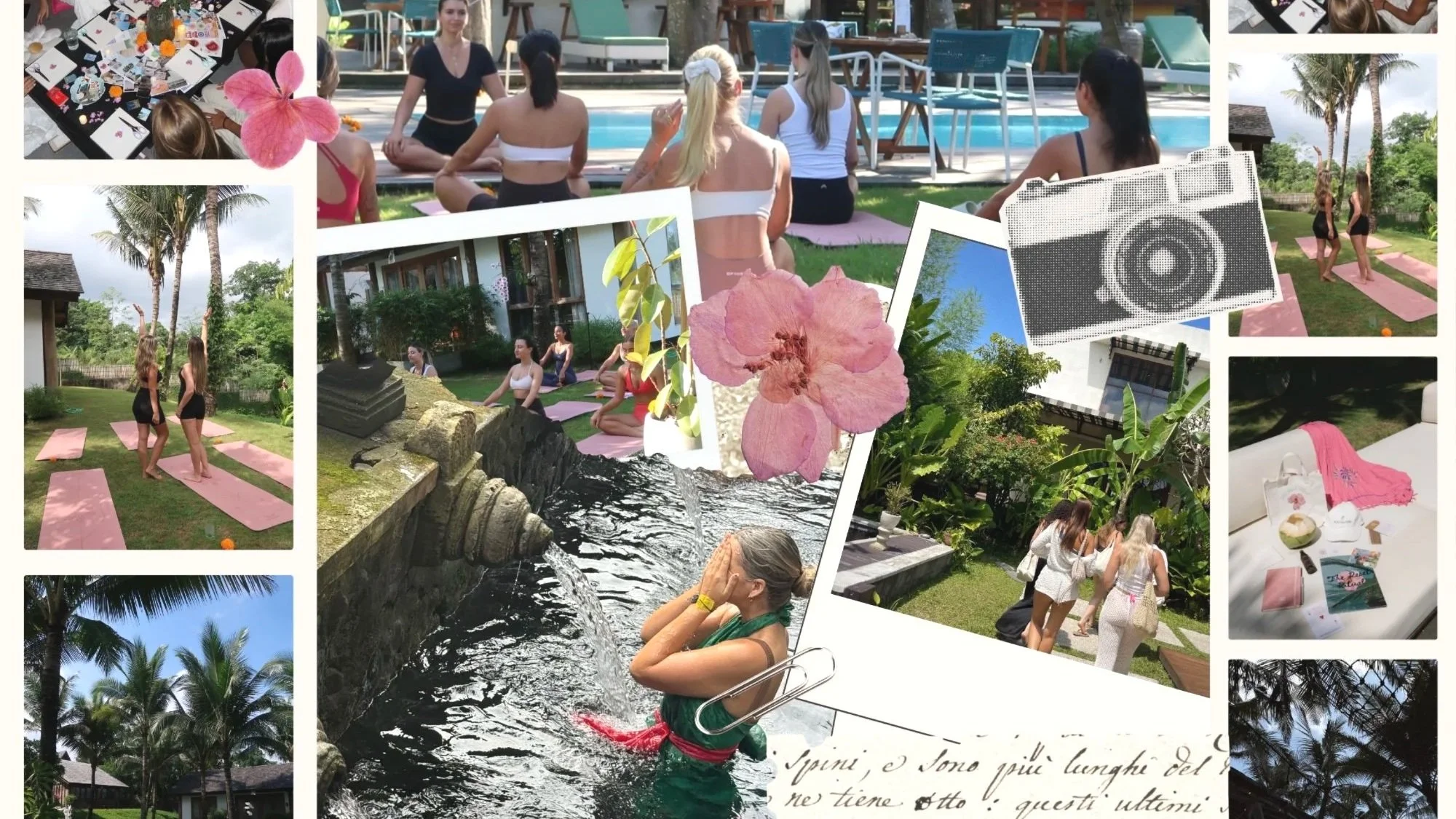Collage of women participating in outdoor yoga and relaxation activities, with scenes of a lush garden, palm trees, and women immersed in meditation, yoga, and enjoying nature.