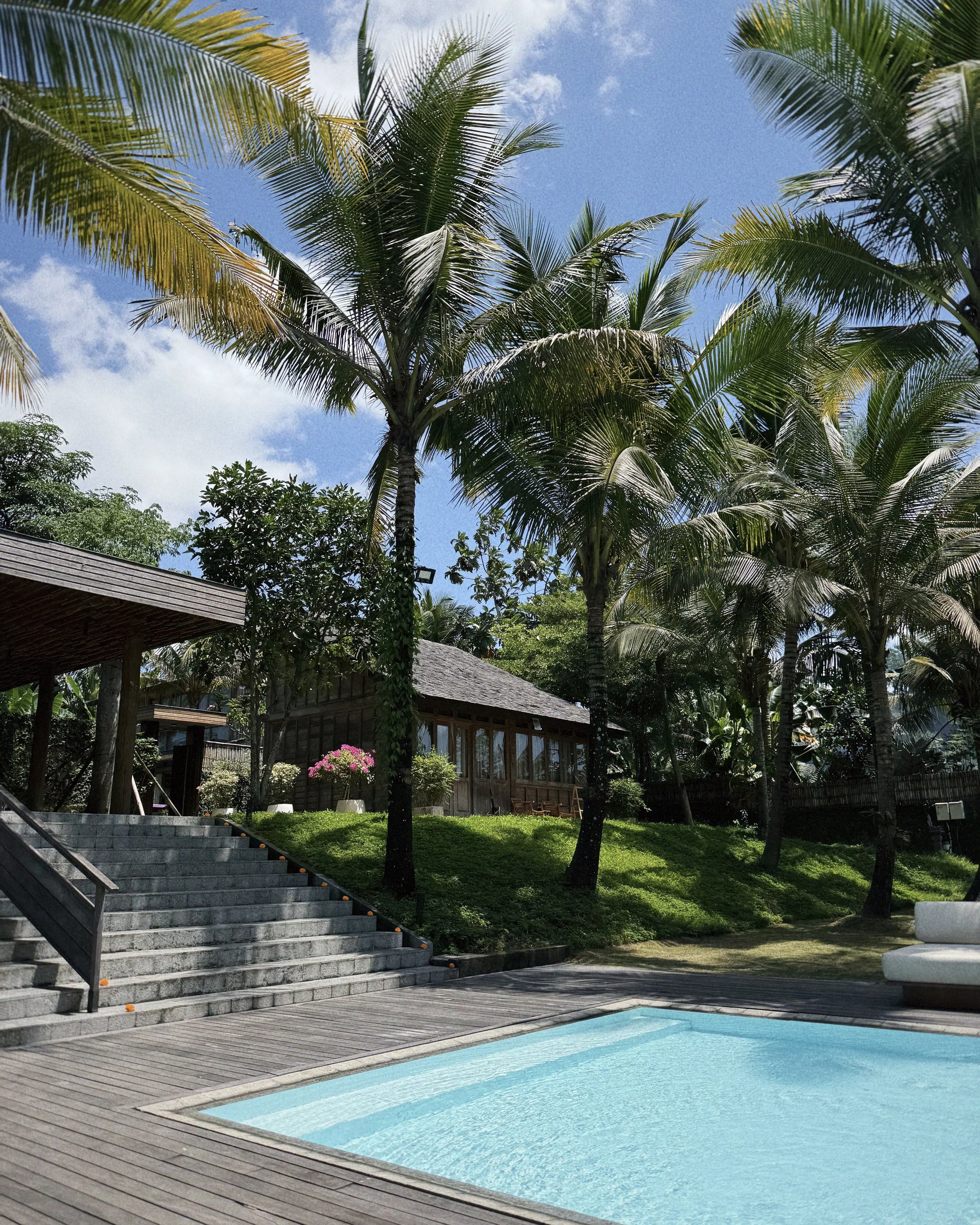 Poolside view with a swimming pool, wooden deck, green grassy area, tall palm trees, a wooden building, and a partly cloudy blue sky.
