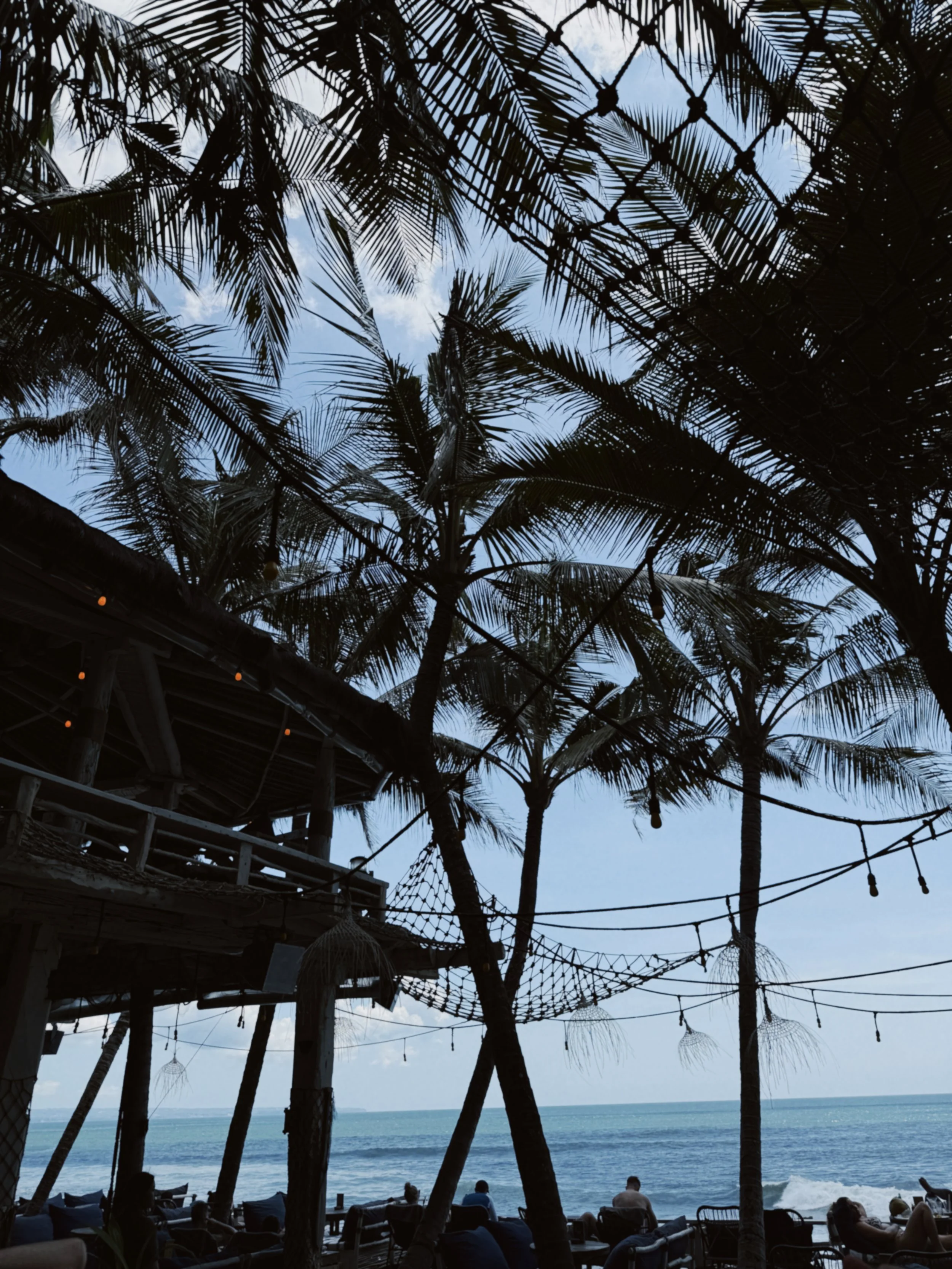 Beachside scene with palm trees, a wooden structure, and people sitting near the ocean under a cloudy sky.