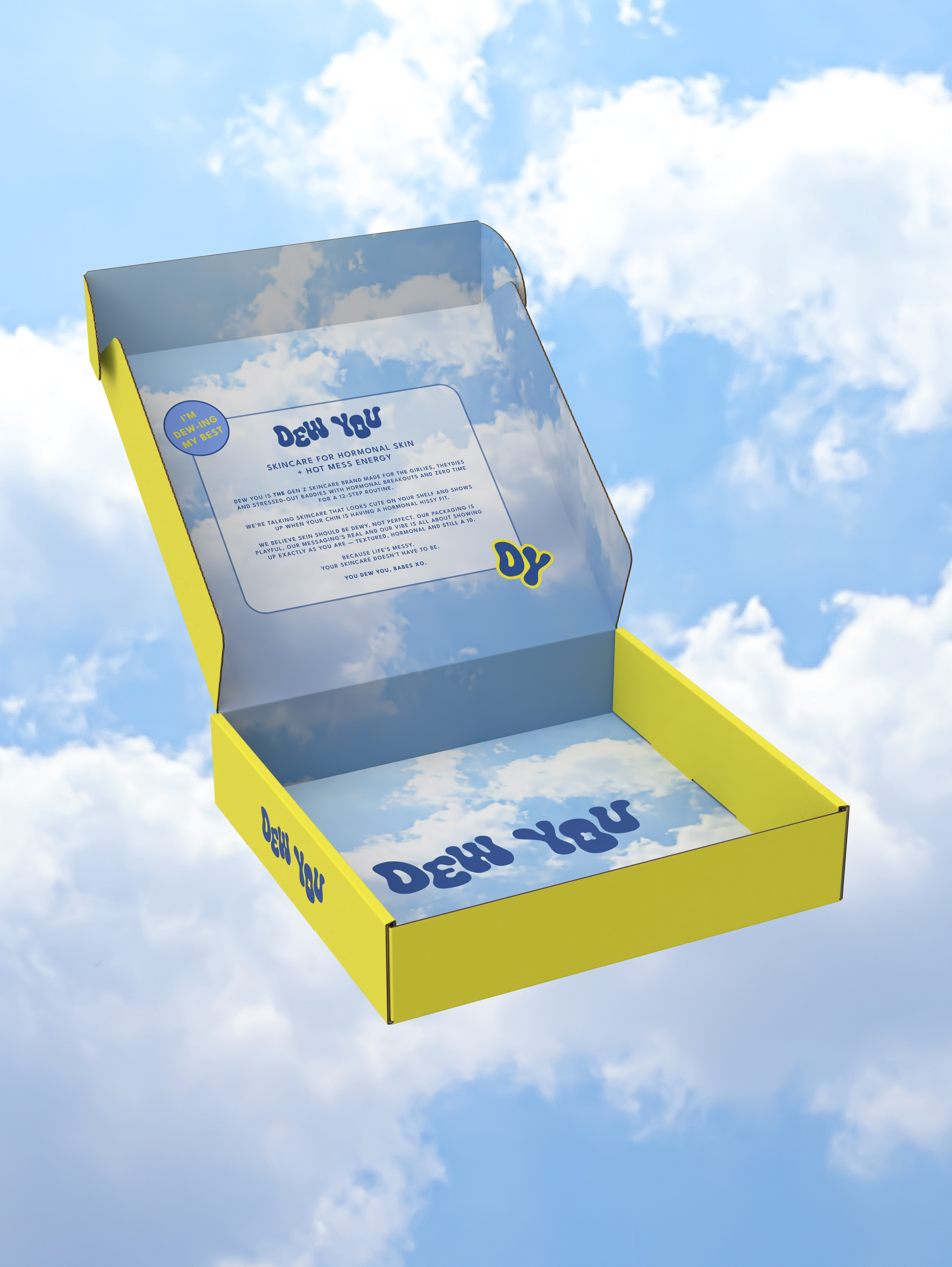 Open yellow and blue box with clouds reflected inside the lid, floating in the sky.