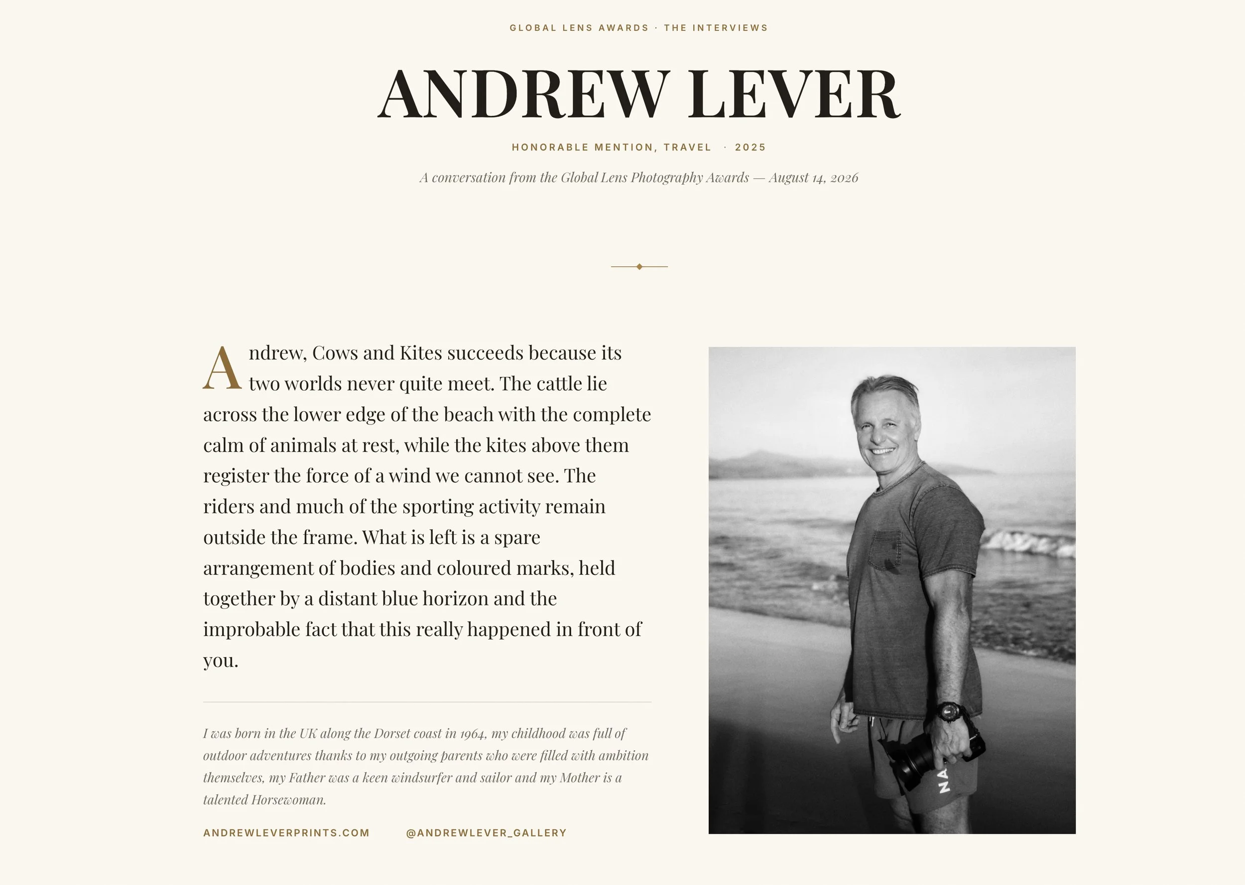 A webpage featuring an interview with Andrew Lever, shown in a black-and-white photo standing on a beach with the ocean in the background, smiling at the camera.