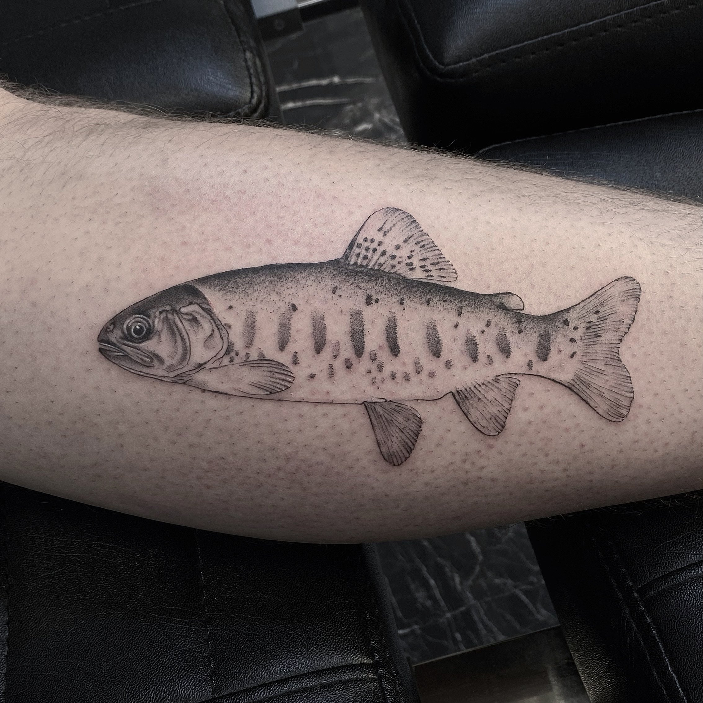 En tatuering av en fisk på en persons hud.