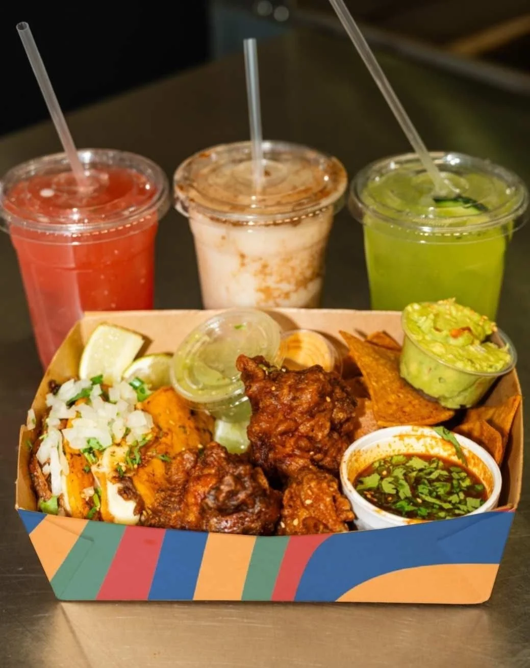 Our Meal for 1 order: Beef Birria Tacos w/ consome, salsa verde &amp; lime, 3 x sweet soy wings w/ gochujang mayo, guacamole and tortilla chips and then the hardest part.. which drink?? Watermelon, cucumber Lime or horchata? Gotta go with the Waterme