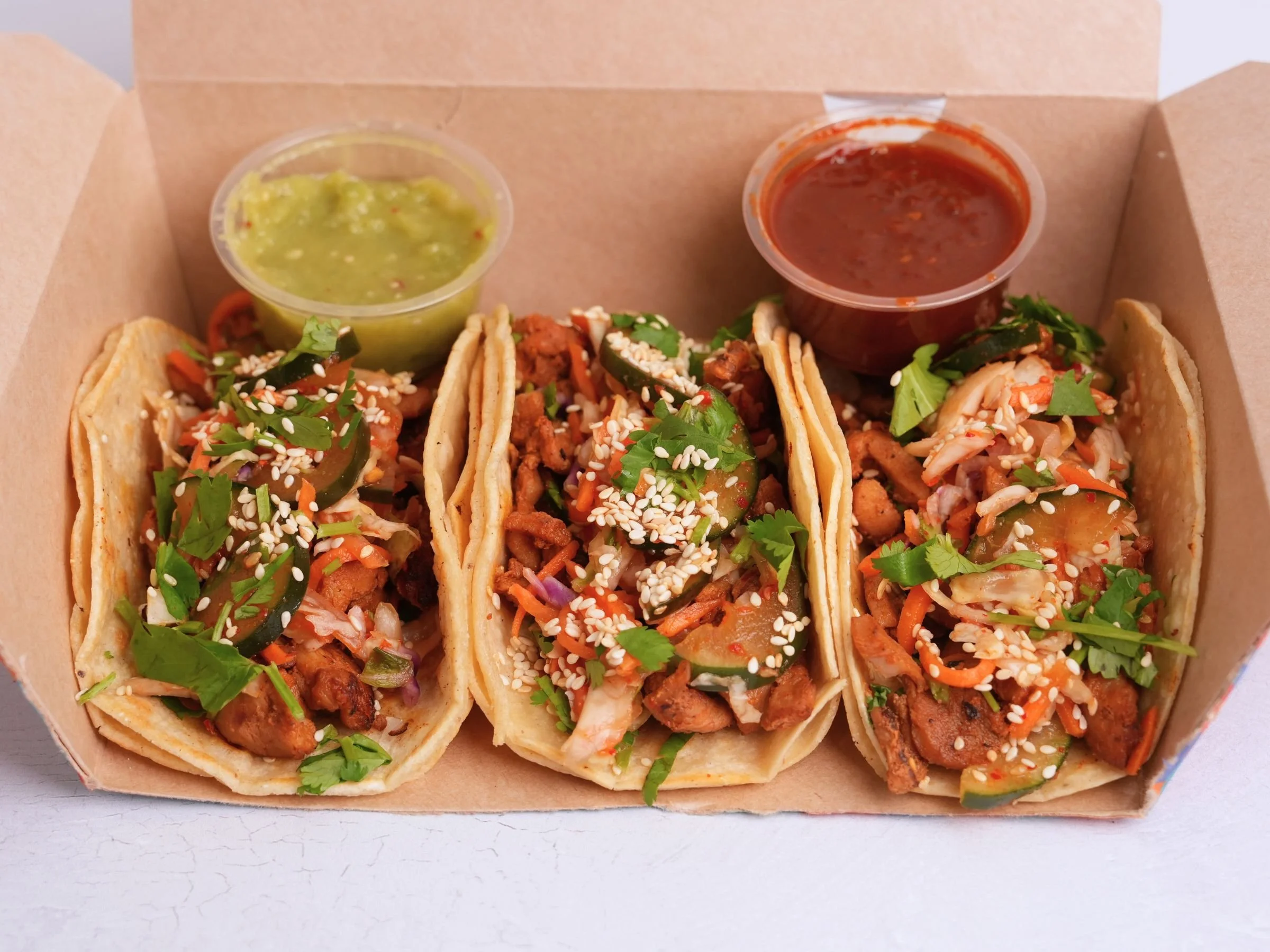 Korean Vegan Tacos with two salsas