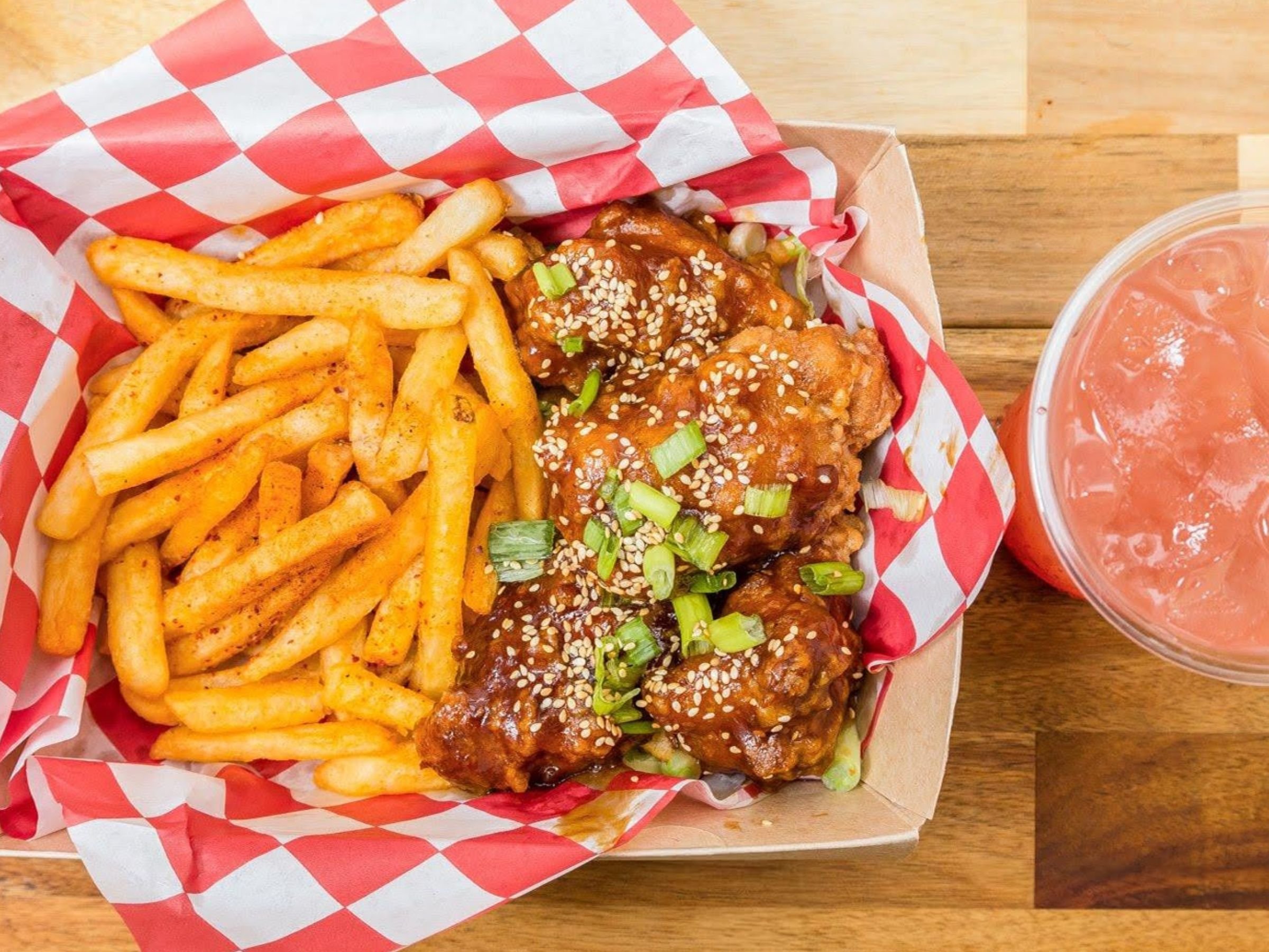 korean fried chicken meal with fries and dipping sauce