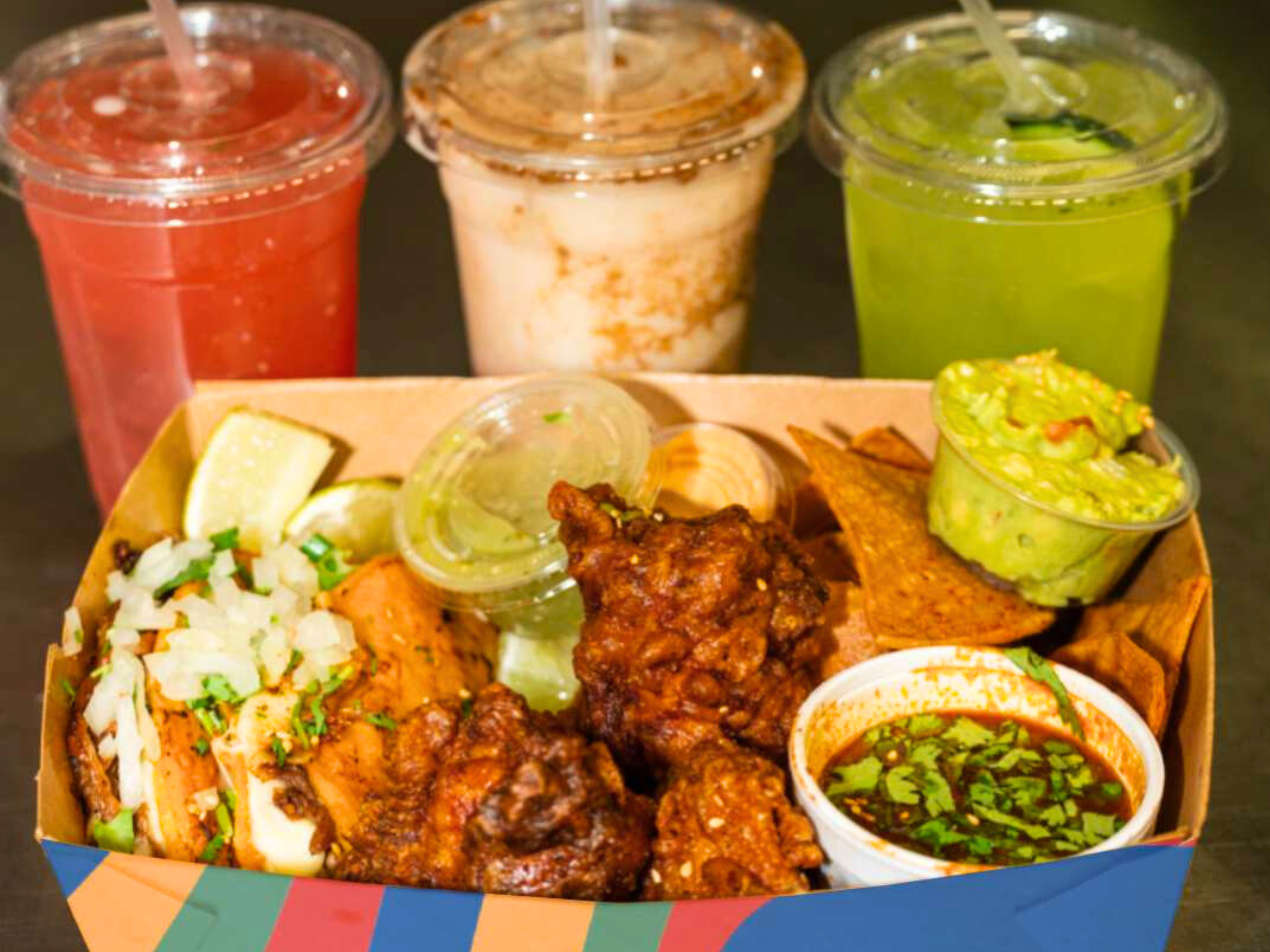 Sampler meal with birria tacos wings fries and drink