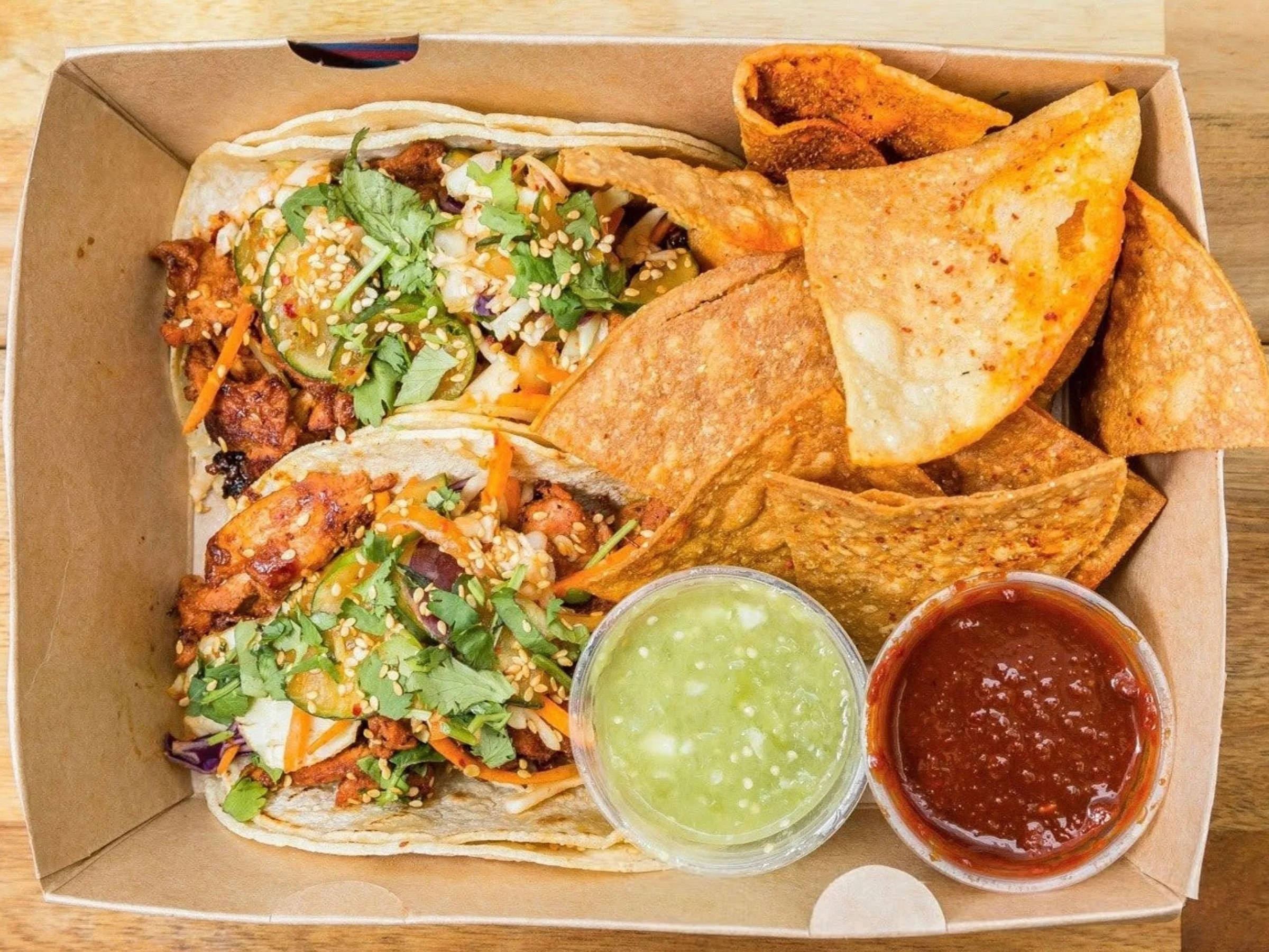 Two Korean tacos with tortilla chips combo deal